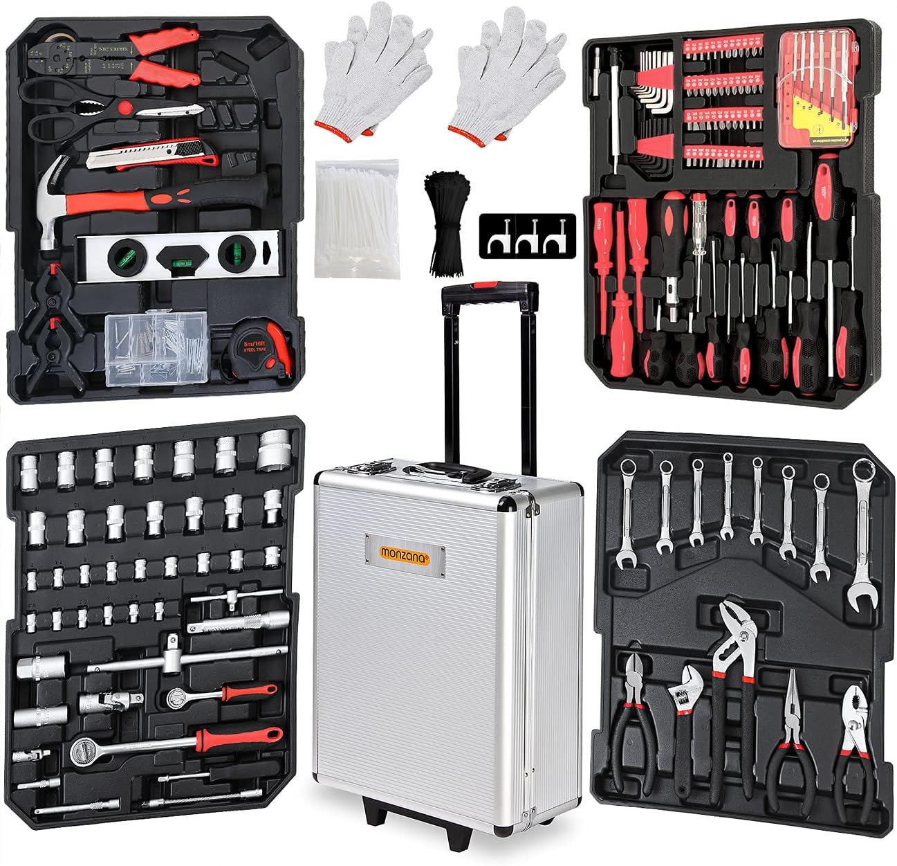 MONZANA® 1050 tlg. Werkzeugtrolley CrV-Stahl Werkzeugkoffer Aluminiumkoffer mit Rollen Teleskopgriff Abschließbar Qualitätswerkzeug Werkzeugset Silber