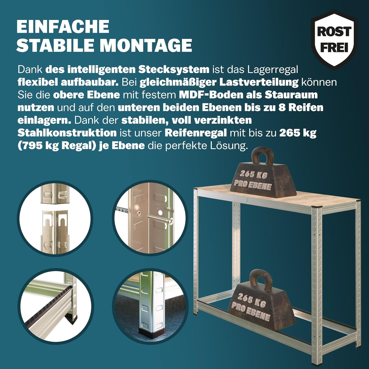 MONZANA® 2x Reifenregal 8 Reifen 795 kg 180x120x40cm inkl Gummischutz höhenverstellbare MDF-Ablage Stecksystem Garage Werkstatt Felgenregal Lagerregal — Ansicht 3