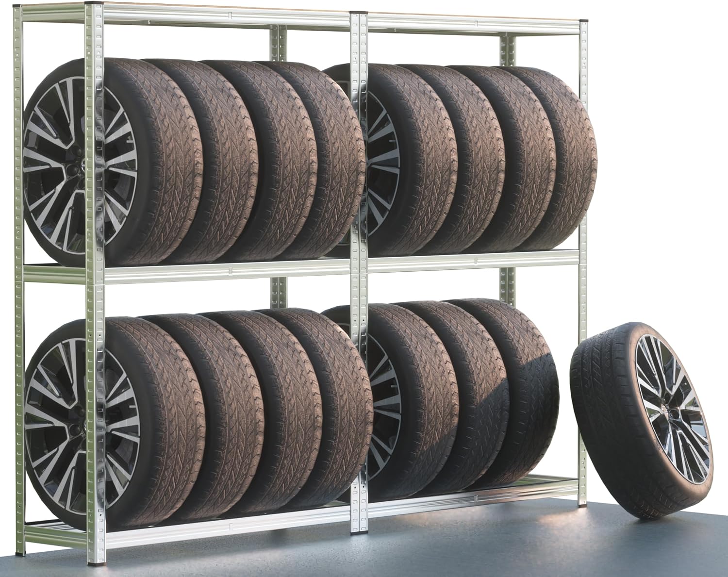 MONZANA® 2x Reifenregal 8 Reifen 795 kg 180x120x40cm inkl Gummischutz höhenverstellbare MDF-Ablage Stecksystem Garage Werkstatt Felgenregal Lagerregal