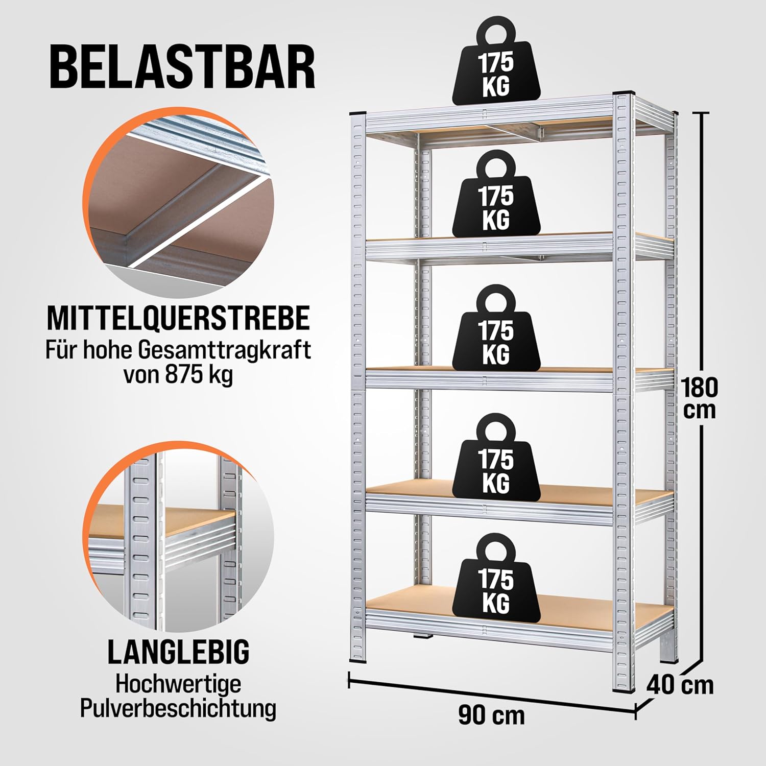 Monzana® 2X Schwerlastregal 180x90x40cm Befestigungsmaterial 1750kg 10 MDF-Platten Kellerregal Lagerregal Steckregal Metallregal Werkstattregal Silber — Ansicht 2