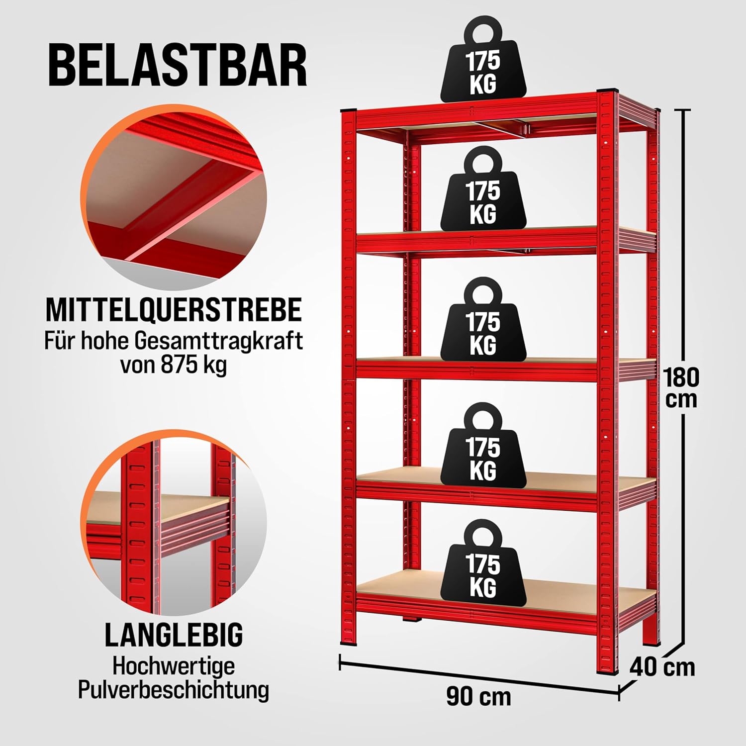 Monzana® 2X Schwerlastregal 180x90x40cm rot 1750kg 10 MDF-Platten Montagematerial Kellerregal Lagerregal Steckregal Metallregal Werkstattregal — Ansicht 2