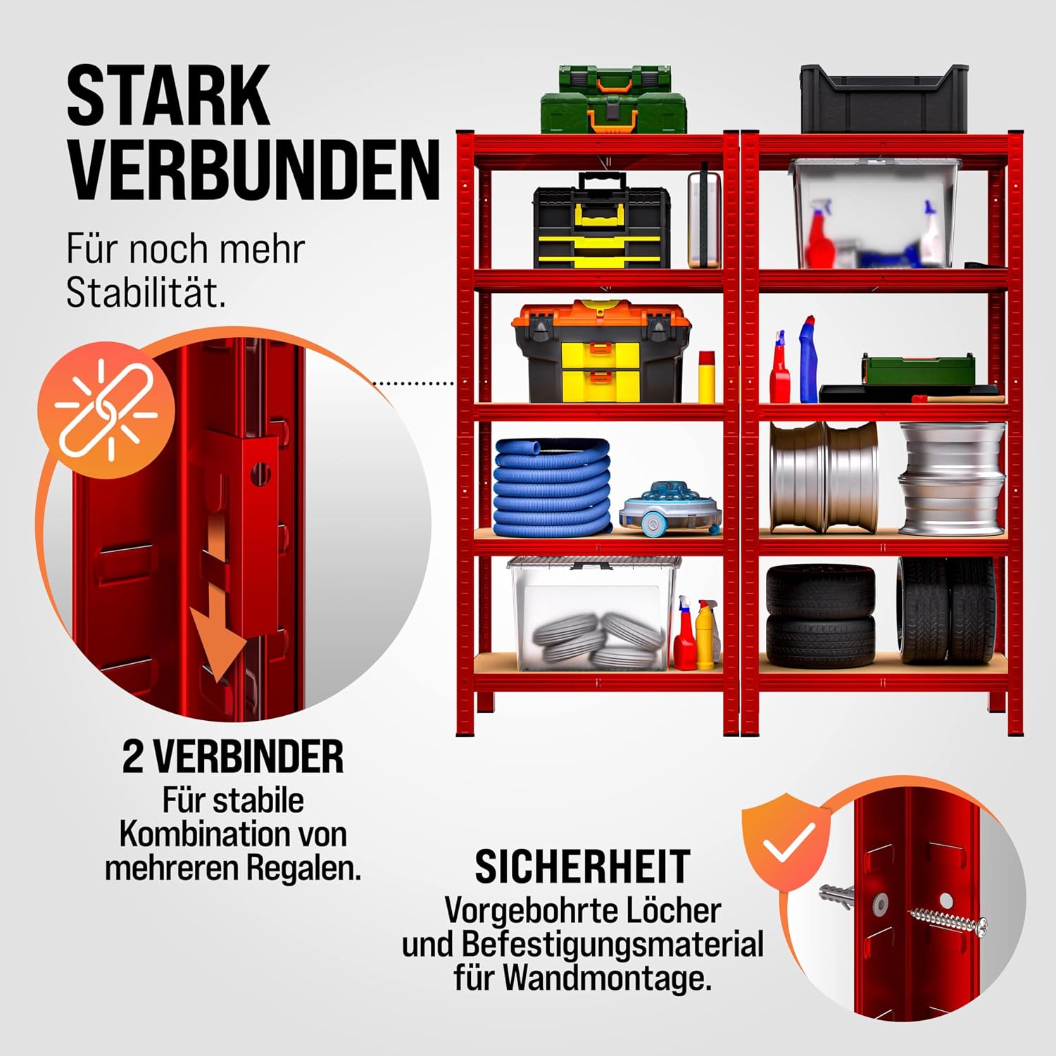 Monzana® 2X Schwerlastregal 180x90x40cm rot 1750kg 10 MDF-Platten Montagematerial Kellerregal Lagerregal Steckregal Metallregal Werkstattregal — Ansicht 4