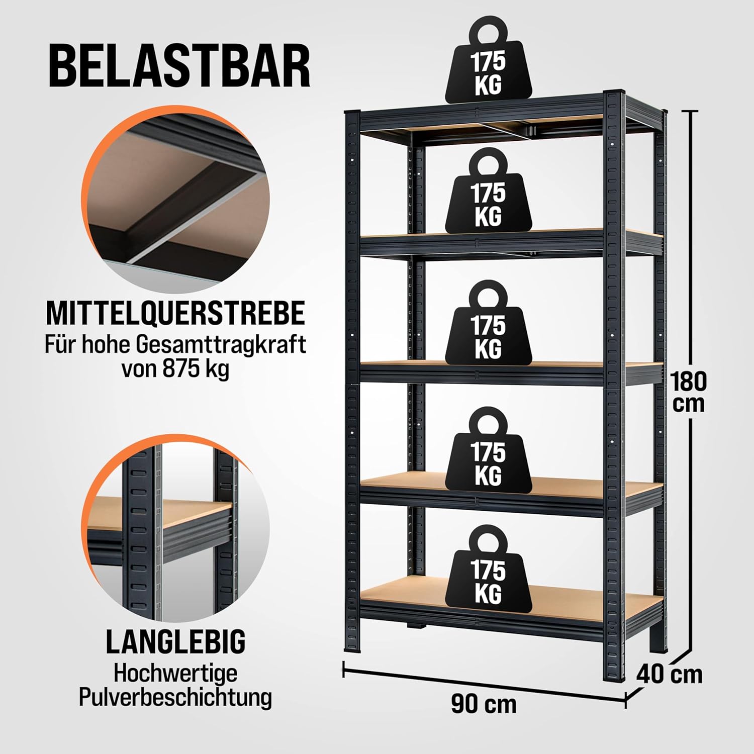 Monzana® 2X Schwerlastregal 180x90x40cm Schwarz Montagematerial 1750kg 10 MDF-Platten Kellerregal Lagerregal Steckregal Metallregal Werkstattregal — Ansicht 2
