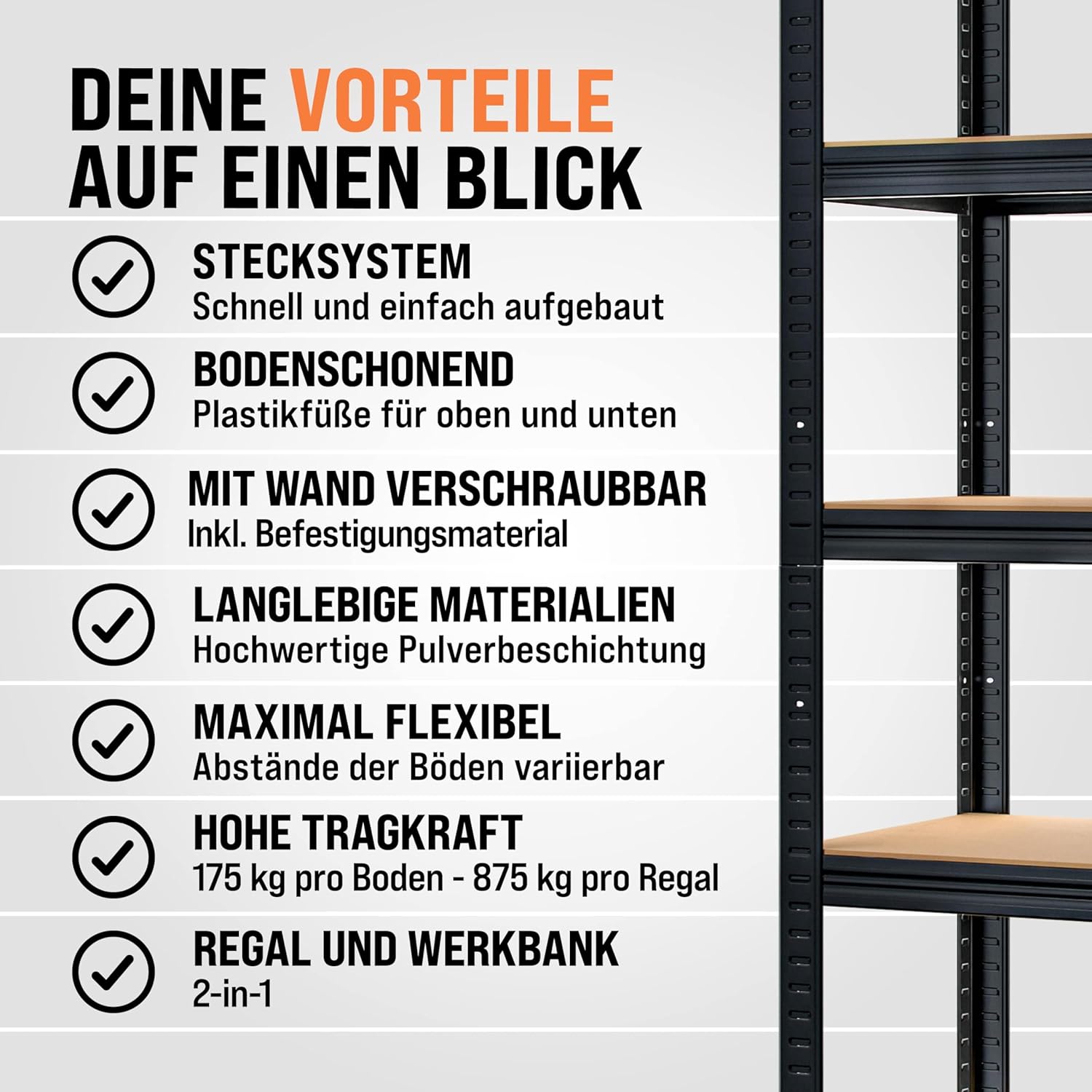 Monzana® 2X Schwerlastregal 180x90x40cm Schwarz Montagematerial 1750kg 10 MDF-Platten Kellerregal Lagerregal Steckregal Metallregal Werkstattregal — Ansicht 6