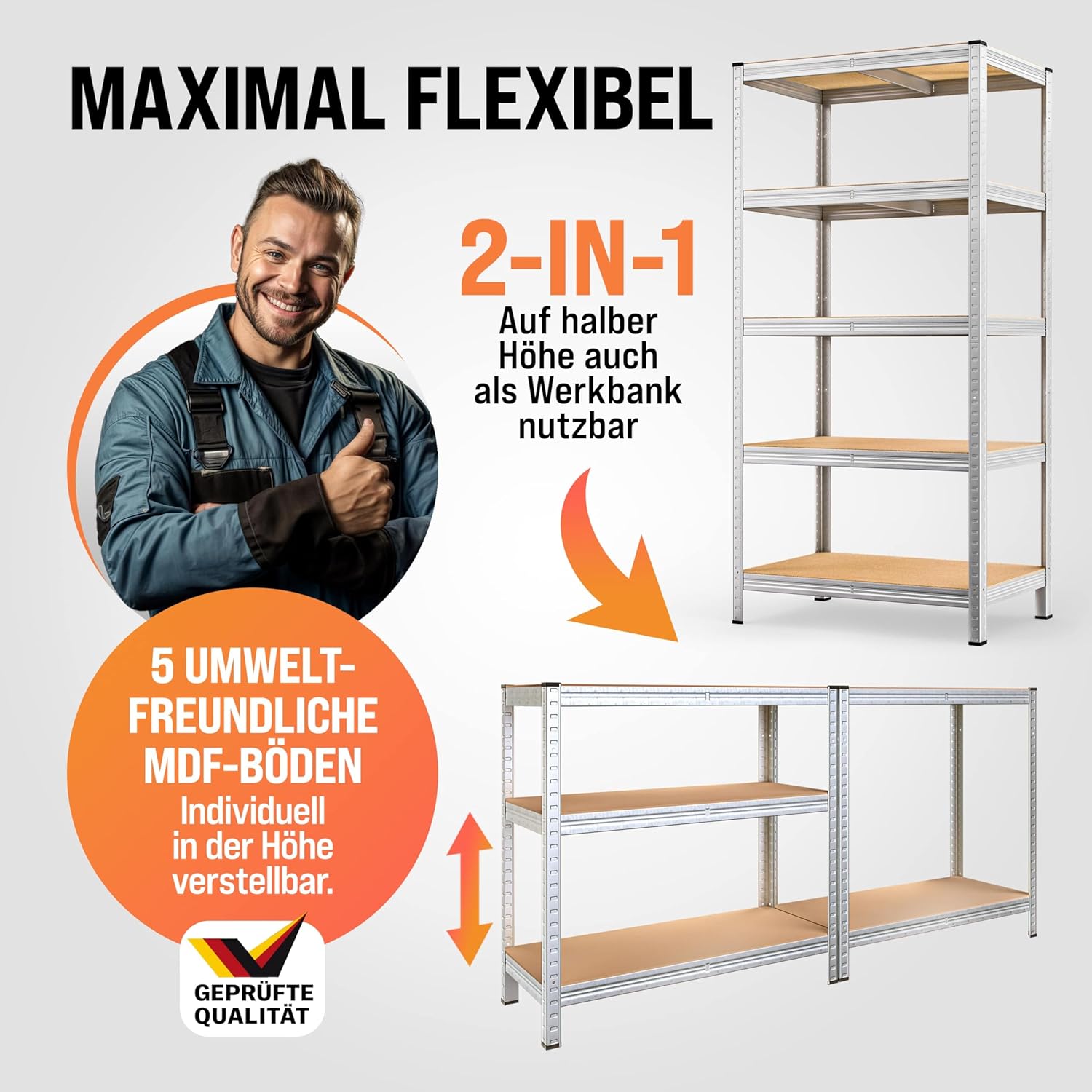 Monzana® 2X Schwerlastregal XL 180x90x60cm 1750kg 5 MDF-Platten Regal Lagerregal Kellerregal Steckregal Werkstattregal — Ansicht 5
