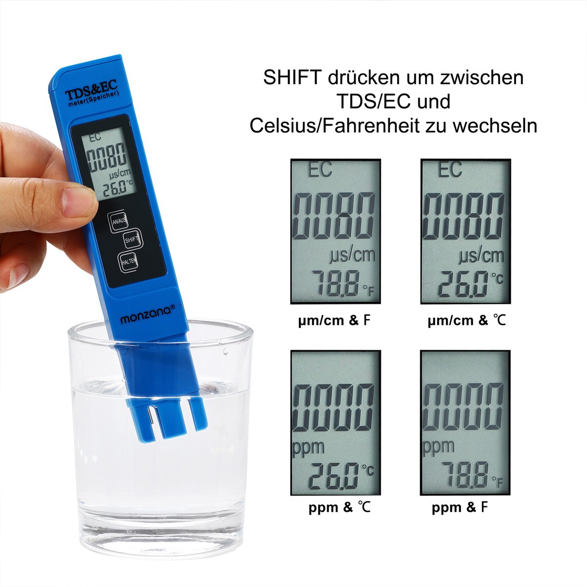 Monzana 3 in 1 TDS EC PH Messgerät Digitaler Wassertester | mit LCD Anzeige | Batterie - verschiedene Modelle — Ansicht 4