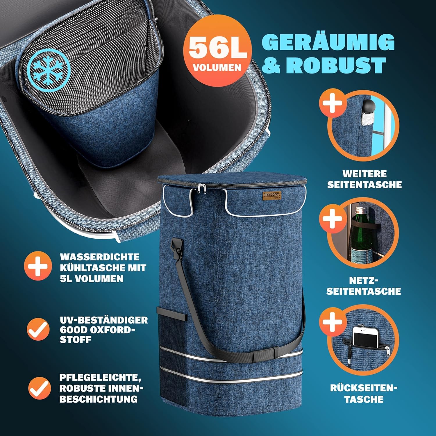 MONZANA® 3in1 Einkaufstrolley 56L bis 50 kg klappbar abnehmbare Tasche Handwagen Einkaufswagen Einkaufshilfe Roller Blau — Ansicht 5