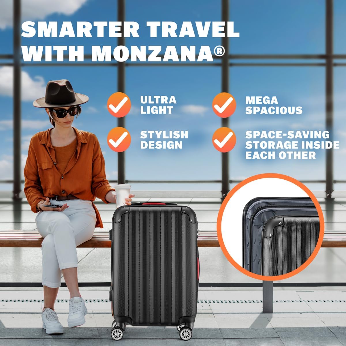 Monzana® 3tlg. Kofferset Baseline Hartschalen Koffer M-L-XL Gel-Griffe 4 Rollen Kantenschutz Schloss Standfüße Trolley Rollkoffer Reisekoffer schwarz — Ansicht 2