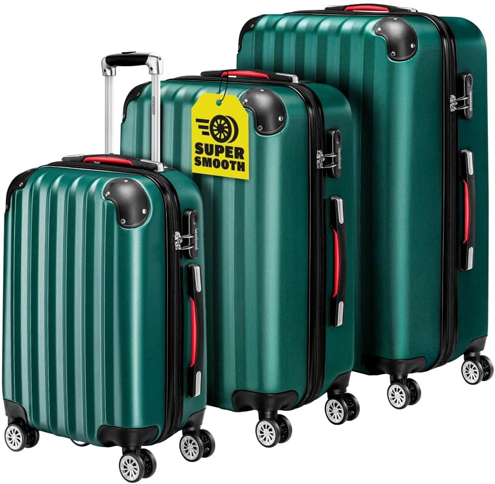 Monzana® 3tlg. Kofferset Hartschalen Koffer M-L-XL Gel-Griffe 4 Rollen Kantenschutz Schloss Standfüße Trolley Rollkoffer Reisekoffer Grün