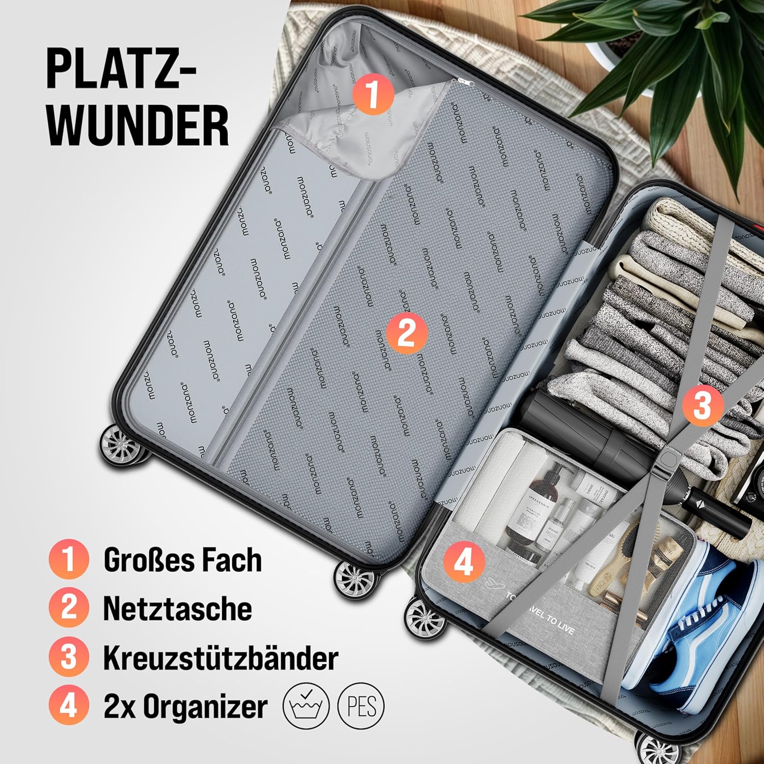 Monzana® 3tlg. Kofferset, Silber - M-L-XL - inkl. Schloss, Organizer & Kofferwaage - Gurt Gel-Griffe, Zwillingsrollen, Standfüße, Trolley, Reisekoffer, Hartschalenkoffer, Gepäck-Set, Trolley Set — Ansicht 2