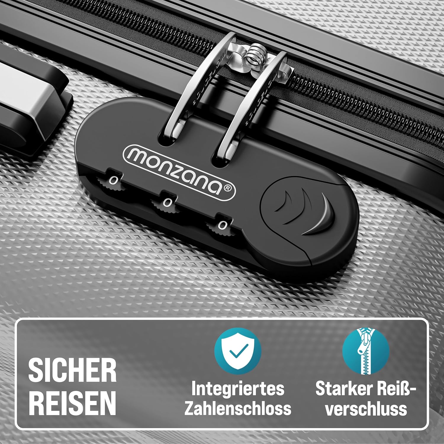Monzana® 3tlg. Kofferset, Silber - M-L-XL - inkl. Schloss, Organizer & Kofferwaage - Gurt Gel-Griffe, Zwillingsrollen, Standfüße, Trolley, Reisekoffer, Hartschalenkoffer, Gepäck-Set, Trolley Set — Ansicht 5