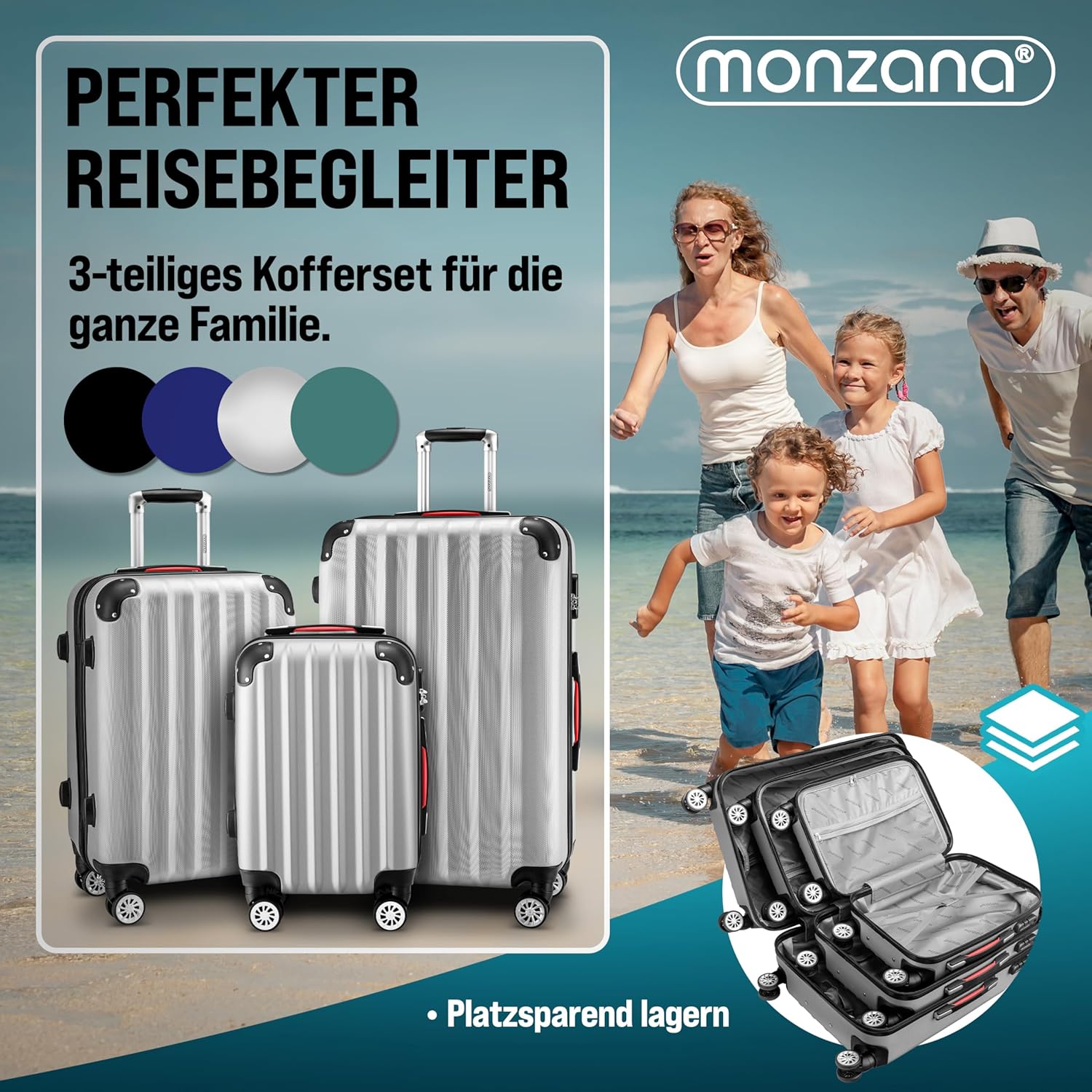 Monzana® 3tlg. Kofferset, Silber - M-L-XL - inkl. Schloss, Organizer & Kofferwaage - Gurt Gel-Griffe, Zwillingsrollen, Standfüße, Trolley, Reisekoffer, Hartschalenkoffer, Gepäck-Set, Trolley Set — Ansicht 6