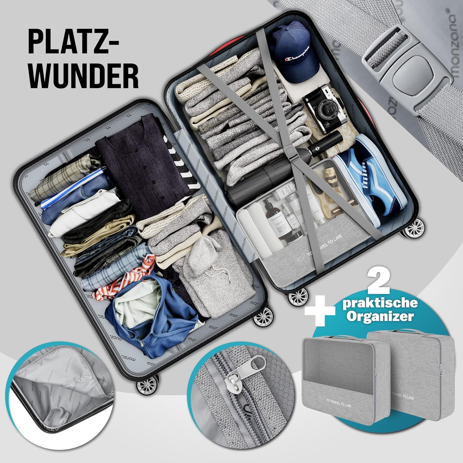Monzana® 3tlg. Kofferset TSA Schloss Organizer Kofferwaage Gurt Gel-Griffe Zwillingsrollen Standfüße Trolley Reisekoffer Hartschalen Koffer M-L-XL Schwarz — Ansicht 3