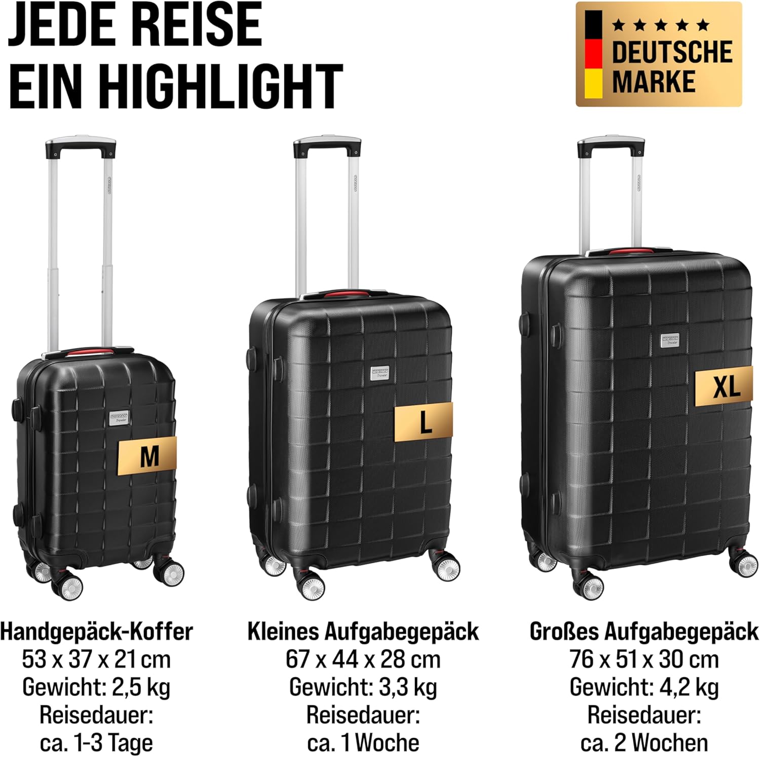 Monzana® 3tlg. Kofferset TSA Schloss Organizer Kofferwaage Gurt Gel-Griffe Zwillingsrollen Standfüße Trolley Reisekoffer Hartschalen Koffer M-L-XL Schwarz — Ansicht 4