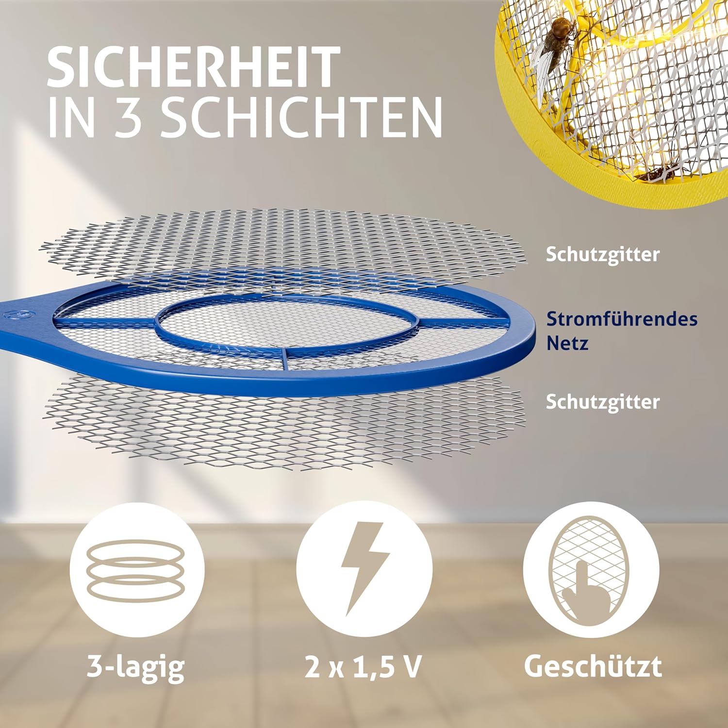 MONZANA® 3X Elektrische Fliegenklatsche 3000V Doppeltes Sicherheitsnetz batteriebetrieben Mückenklatsche Fliegenfalle Fliegenfänger Insektenvernichter — Ansicht 6