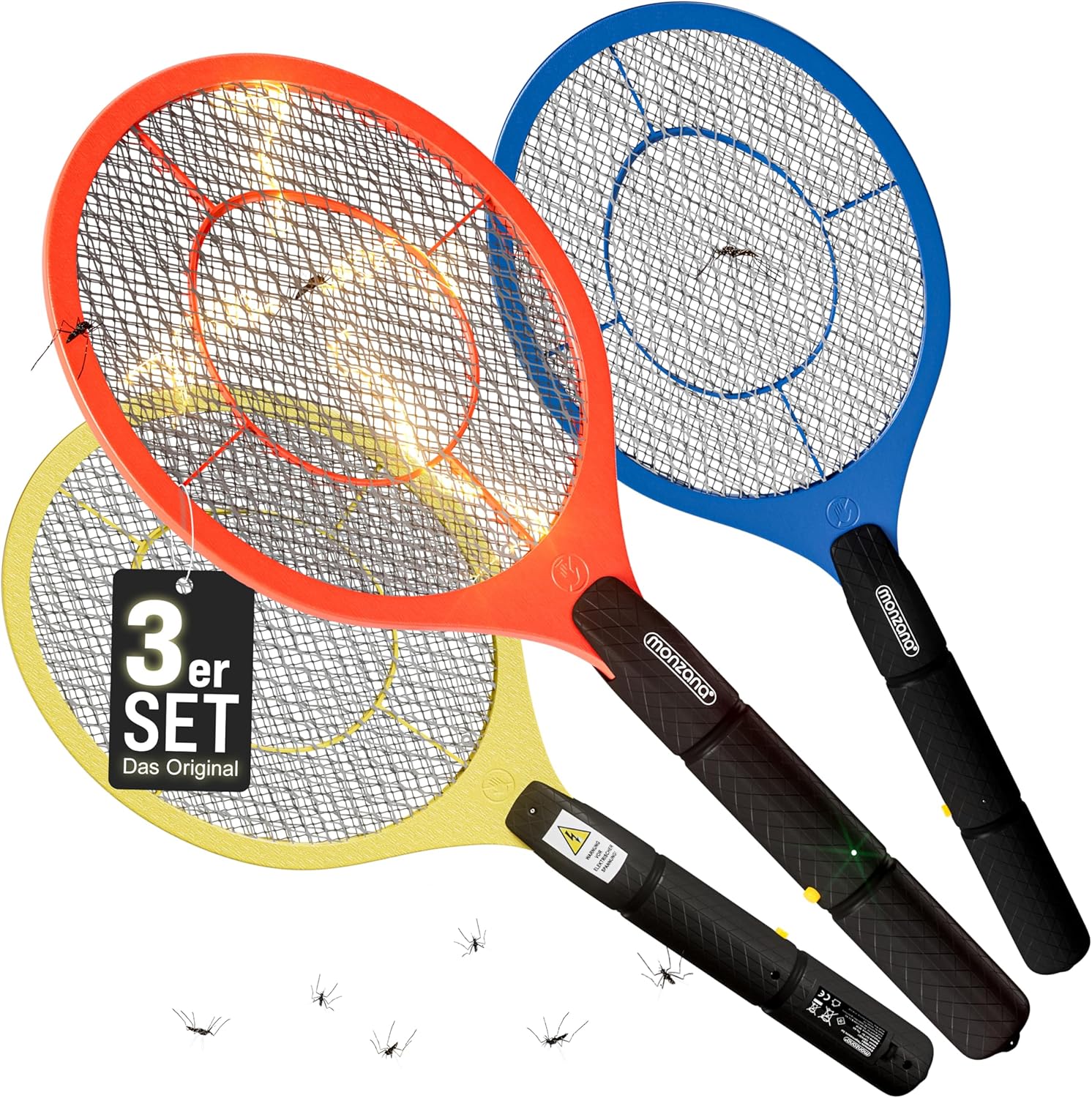 MONZANA® 3X Elektrische Fliegenklatsche 3000V Doppeltes Sicherheitsnetz batteriebetrieben Mückenklatsche Fliegenfalle Fliegenfänger Insektenvernichter