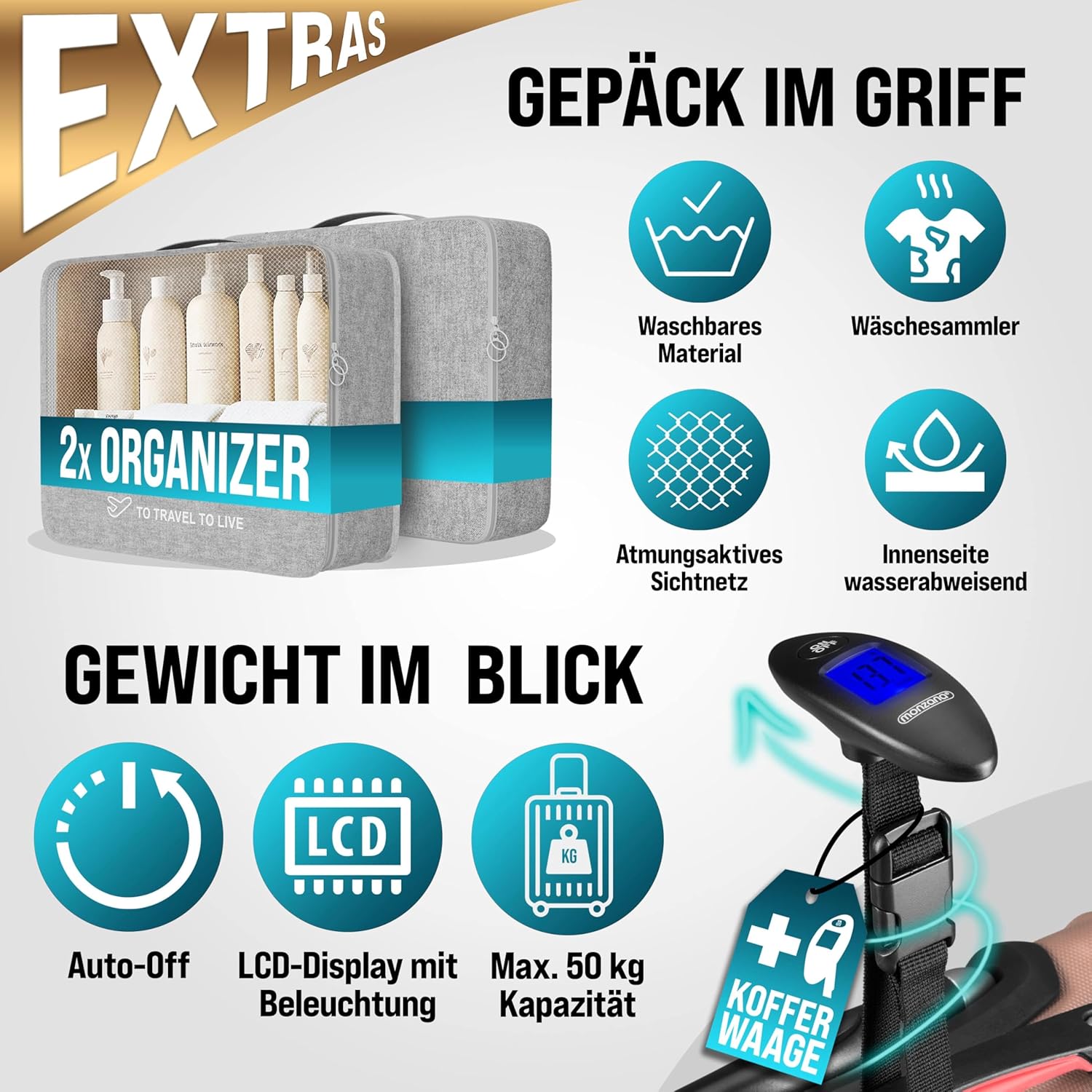 Monzana® 4tlg. Kofferset mit Beautycase, Rose - M-L-XL - inkl. Schloss, Organizer & Kofferwaage - Gurt Gel-Griffe, Zwillingsrollen, Standfüße, Trolley, Reisekoffer, Hartschalenkoffer, Gepäck-Set — Ansicht 2