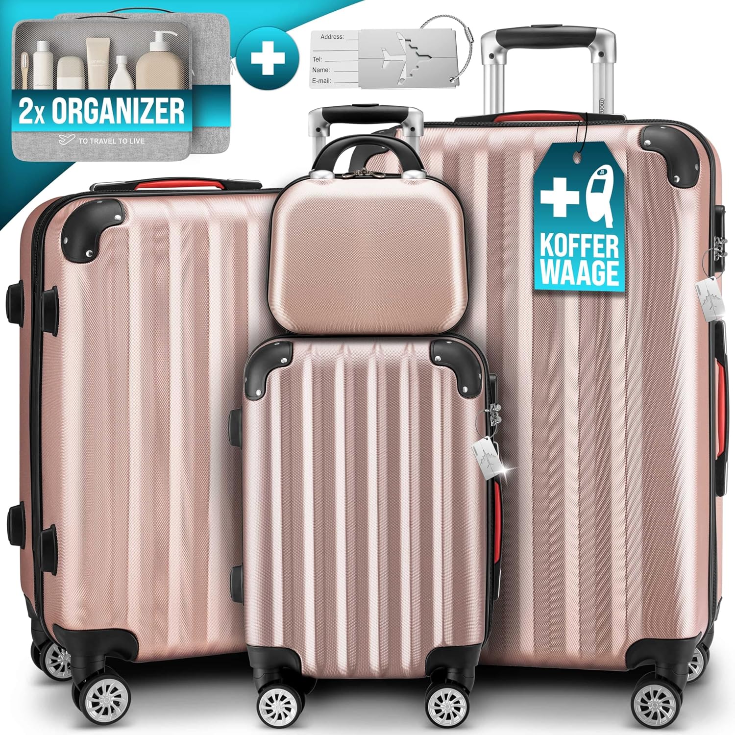 Monzana® 4tlg. Kofferset mit Beautycase, Rose - M-L-XL - inkl. Schloss, Organizer & Kofferwaage - Gurt Gel-Griffe, Zwillingsrollen, Standfüße, Trolley, Reisekoffer, Hartschalenkoffer, Gepäck-Set