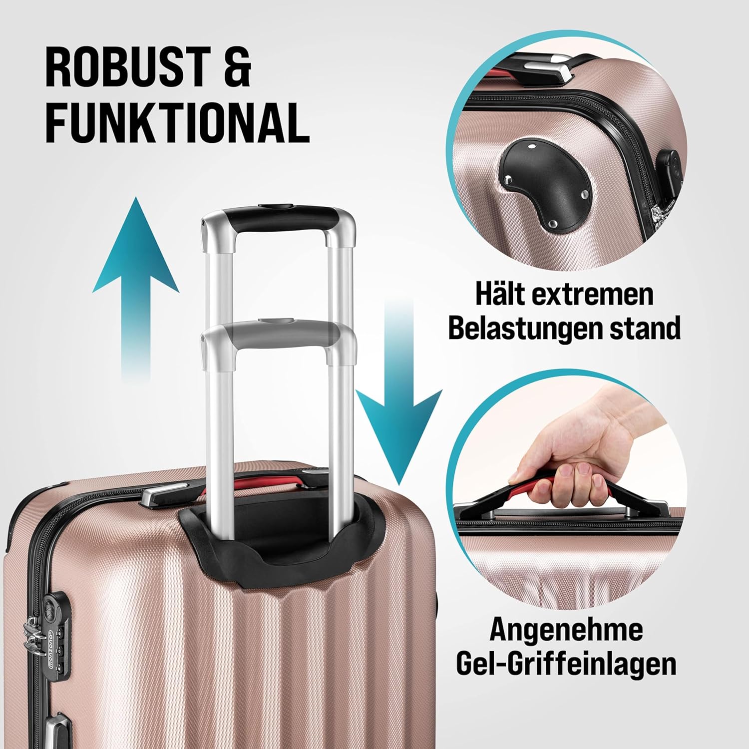 Monzana® 4tlg. Kofferset mit Beautycase, Rose - M-L-XL - inkl. Schloss, Organizer & Kofferwaage - Gurt Gel-Griffe, Zwillingsrollen, Standfüße, Trolley, Reisekoffer, Hartschalenkoffer, Gepäck-Set — Ansicht 6