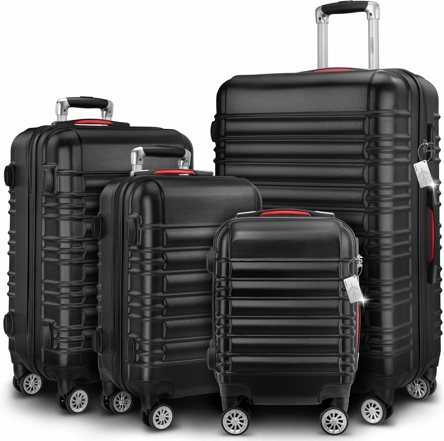 Monzana® 4tlg Kofferset Schloss Organizer Kofferwaage Gurt Gel-Griffe Zwillingsrollen Standfüße Trolley Reisekoffer Hartschale Koffer S-M-L-XL Schwarz