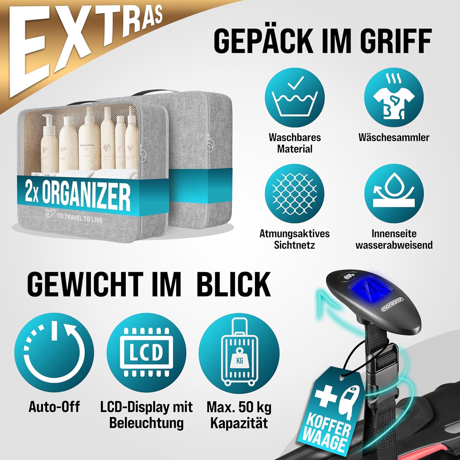 Monzana® 4tlg Kofferset Schloss Organizer Kofferwaage Gurt Gel-Griffe Zwillingsrollen Standfüße Trolley Reisekoffer Hartschale Koffer S-M-L-XL Schwarz — Ansicht 2