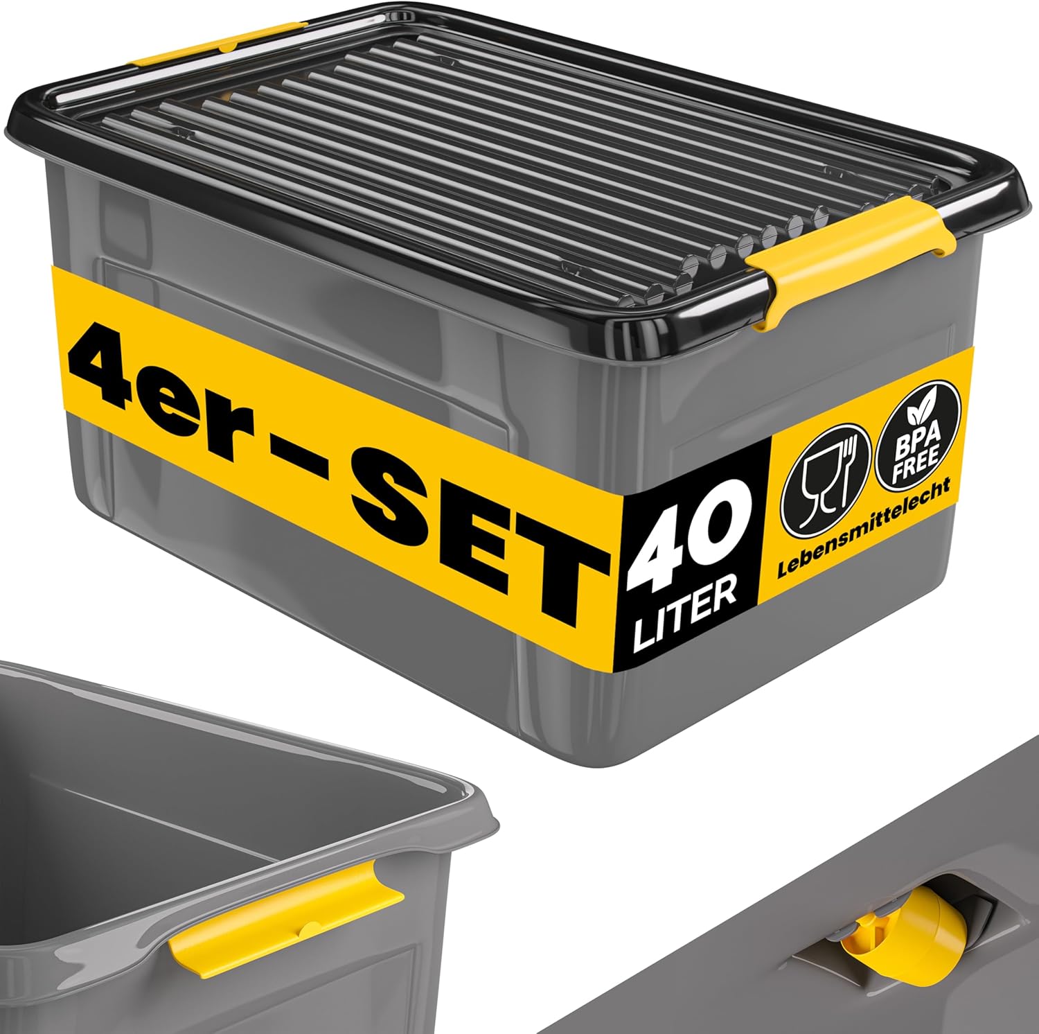 Monzana® 4x Aufbewahrungsbox 40L mit Deckel 40kg belastbar Kunststoff BPA frei Klickverschluss stabil flexibel stapelbar blickdicht Keller Garage Box