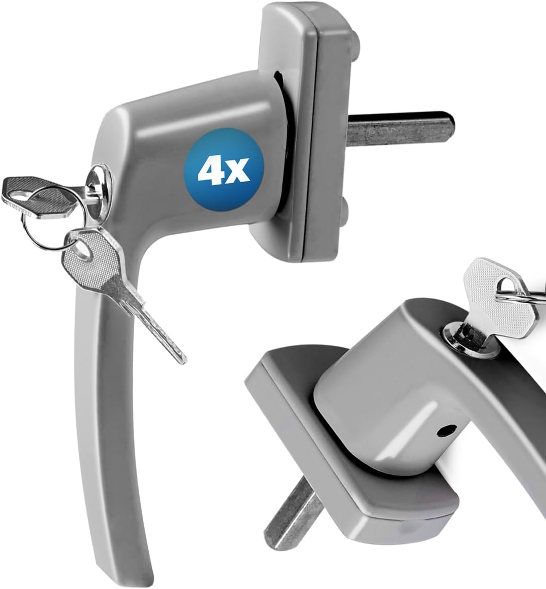 MONZANA® 4X Fenstergriffe Abschließbar mit Schloss Kindersicherung Silber 35mm Stiftlänge 2 Schlüssel Fensterbeschlag Balkon Türgriff Einbruchschutz