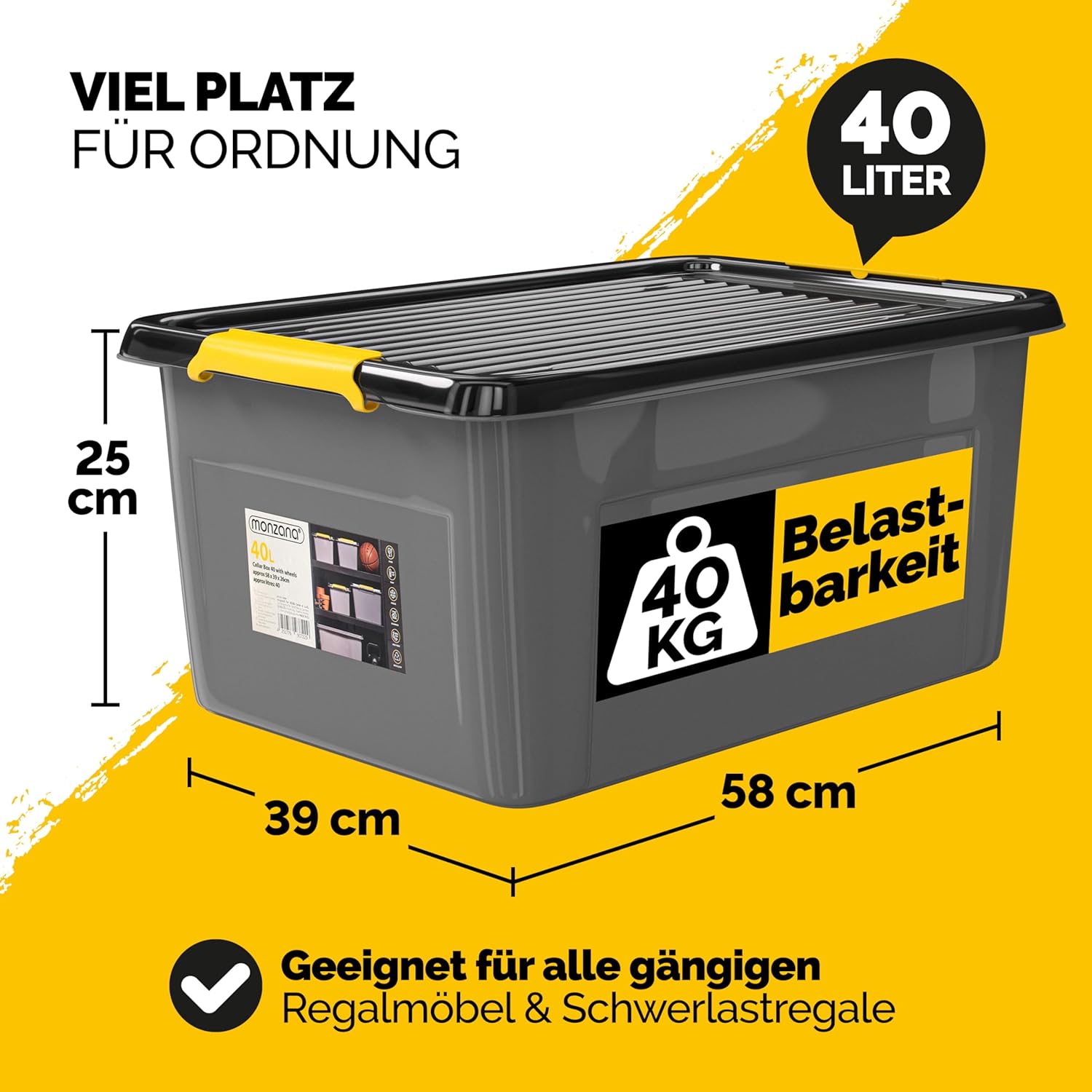 Monzana® 6x Aufbewahrungsbox 40L mit Deckel 40kg belastbar Kunststoff BPA frei Klickverschluss stabil flexibel stapelbar blickdicht Keller Garage Box — Ansicht 2