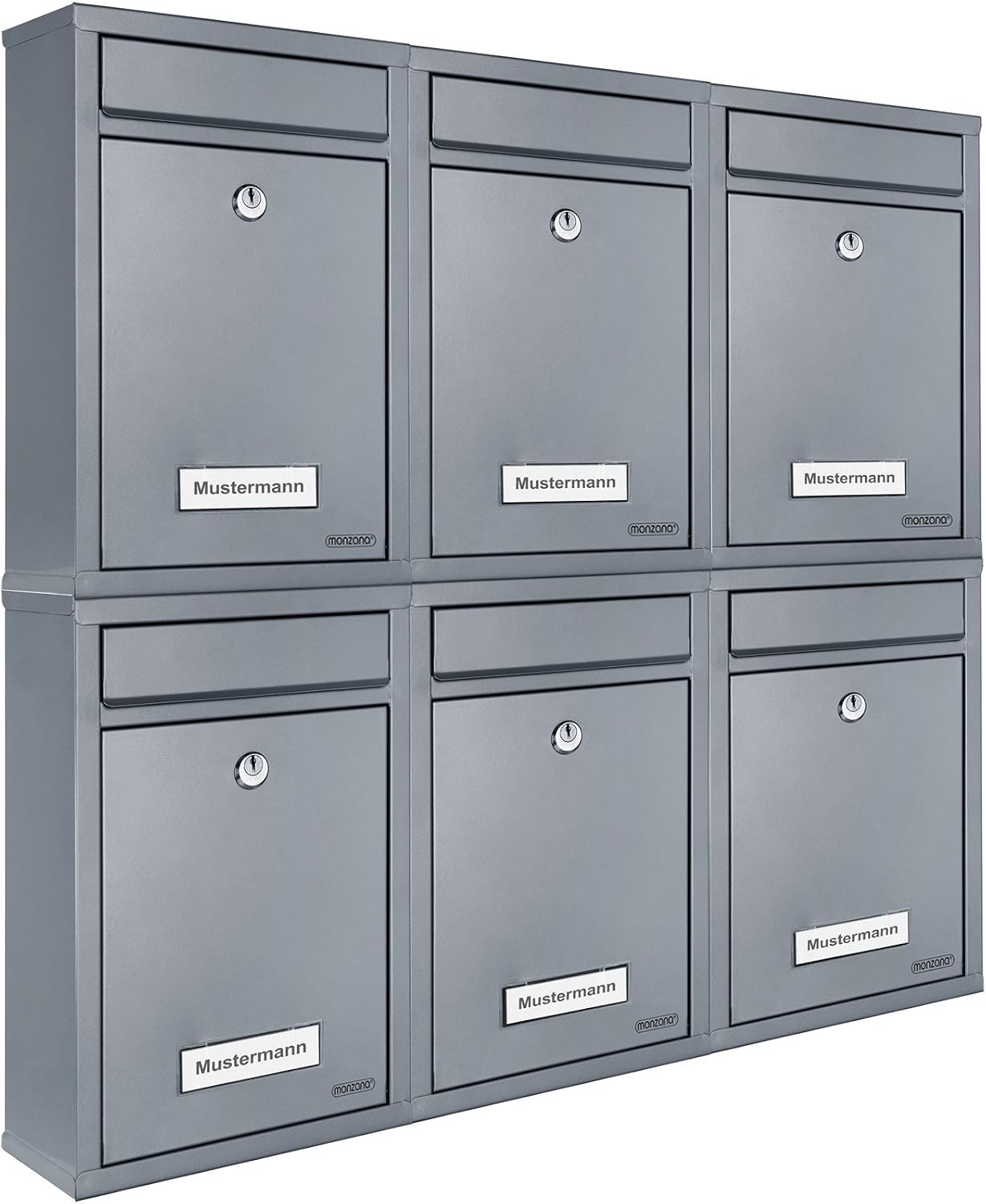 MONZANA® 6X Briefkasten Silber inkl. 2 Schlüssel Namensschild abschließbar Mailbox Briefkastenanlage Postkasten Stahl