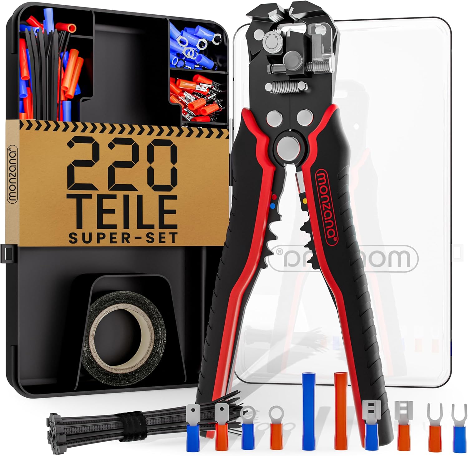 MONZANA® Abisolierzange 3in1 Set 220-teilig Zubehör Box 0,2-6mm2 Stahl Automatisch Isolierband Kabelbinder Elektro Abisolierwerkzeug Crimpzange Kabel