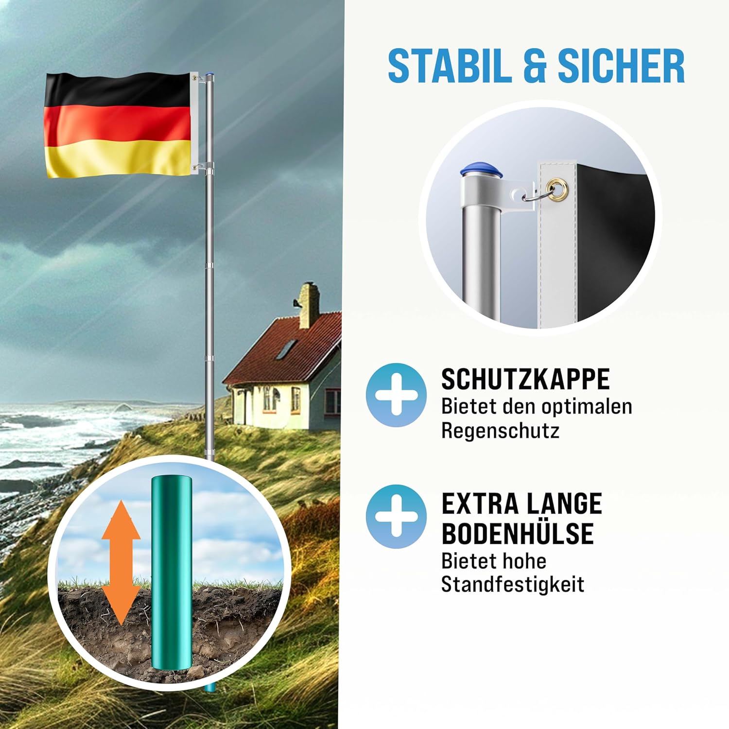 MONZANA® Aluminium Teleskop Fahnenmast 6,30m Bodenhülse 60cm inkl. Deutschland Flagge Deutschlandfahne Fahne Flaggenmast Mast Alu — Ansicht 3