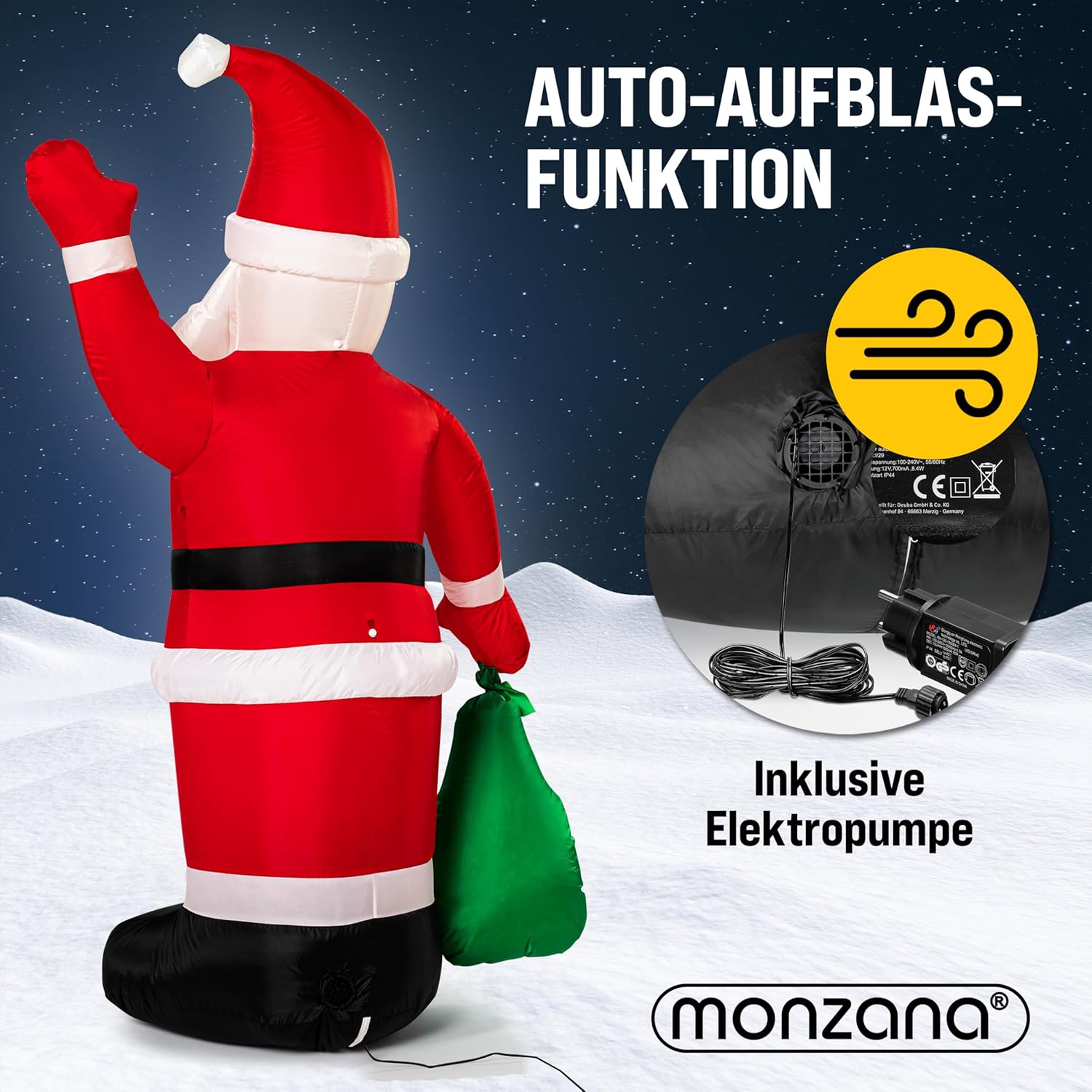MONZANA® Aufblasbarer Weihnachtsmann XL 180cm LED Beleuchtet Befestigungsmaterial IP44 Außen Weihnachtsdeko Santa Nikolaus Weihnachtsfigur Christmas — Ansicht 3