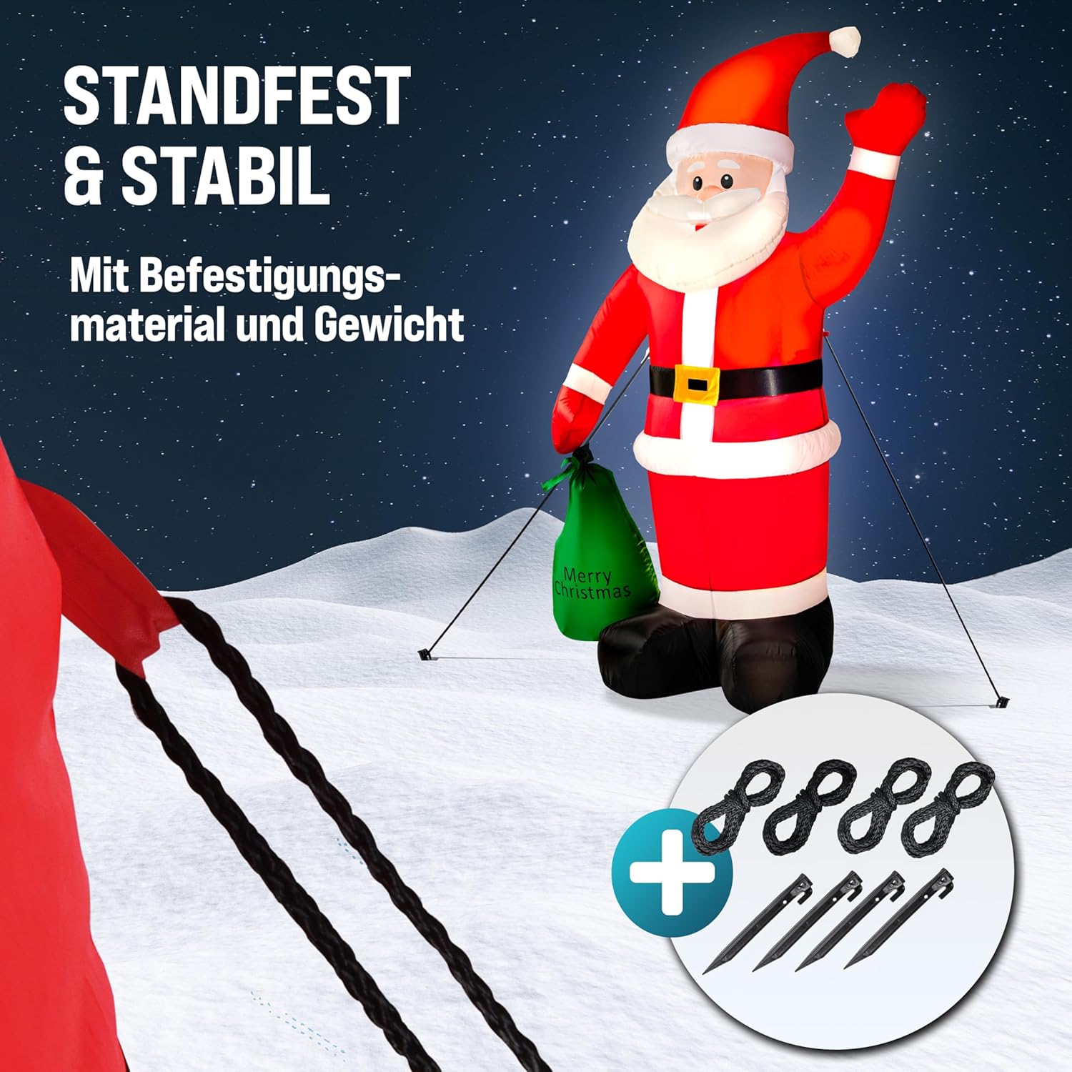 MONZANA® Aufblasbarer Weihnachtsmann XL 180cm LED Beleuchtet Befestigungsmaterial IP44 Außen Weihnachtsdeko Santa Nikolaus Weihnachtsfigur Christmas — Ansicht 5
