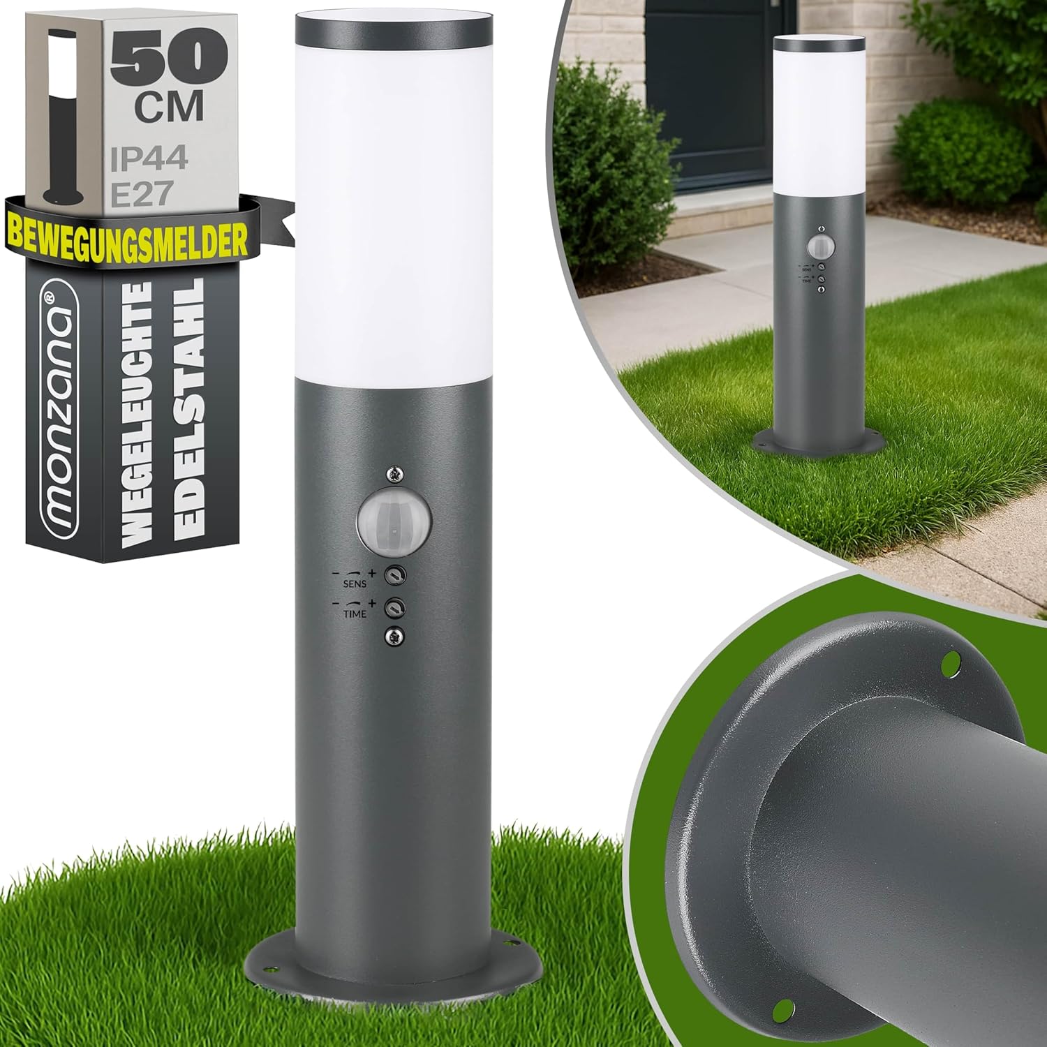 Monzana® Außenlampe mit Bewegungssensor Edelstahl 50cm Hoch E27 Fassung IP44 Wegeleuchte Garten Leuchte Beleuchtung für Außen Boden Outdoor Anthrazit — Ansicht 3