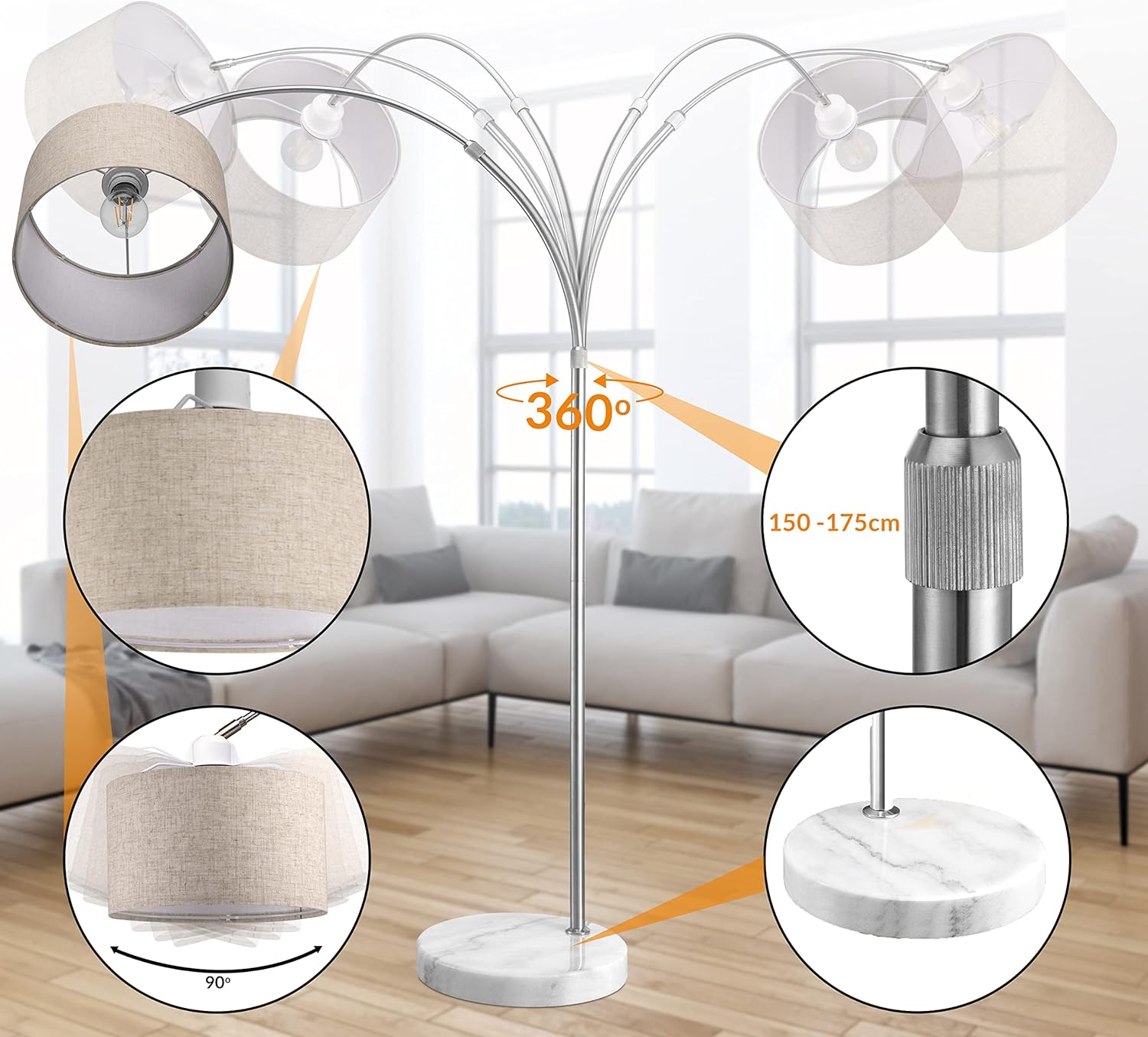 MONZANA® Bogenlampe Stoffschirm Marmorfuß 150-175 cm Höhenverstellbar Fußschalter Schwenkbar E27 Wohnzimmer Schlafzimmer Stehlampe Standleuchte Leinen — Ansicht 3