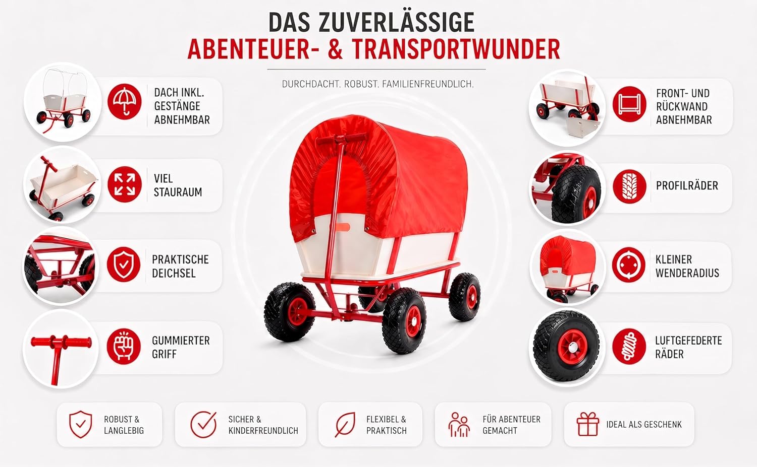 MONZANA® Bollerwagen Holz bis 180 kg mit Dach Luftreifen Stabil Robust Stahl Allround Handwagen Gartenwagen Strandwagen Leiterwagen Transportwagen Rot — Ansicht 3