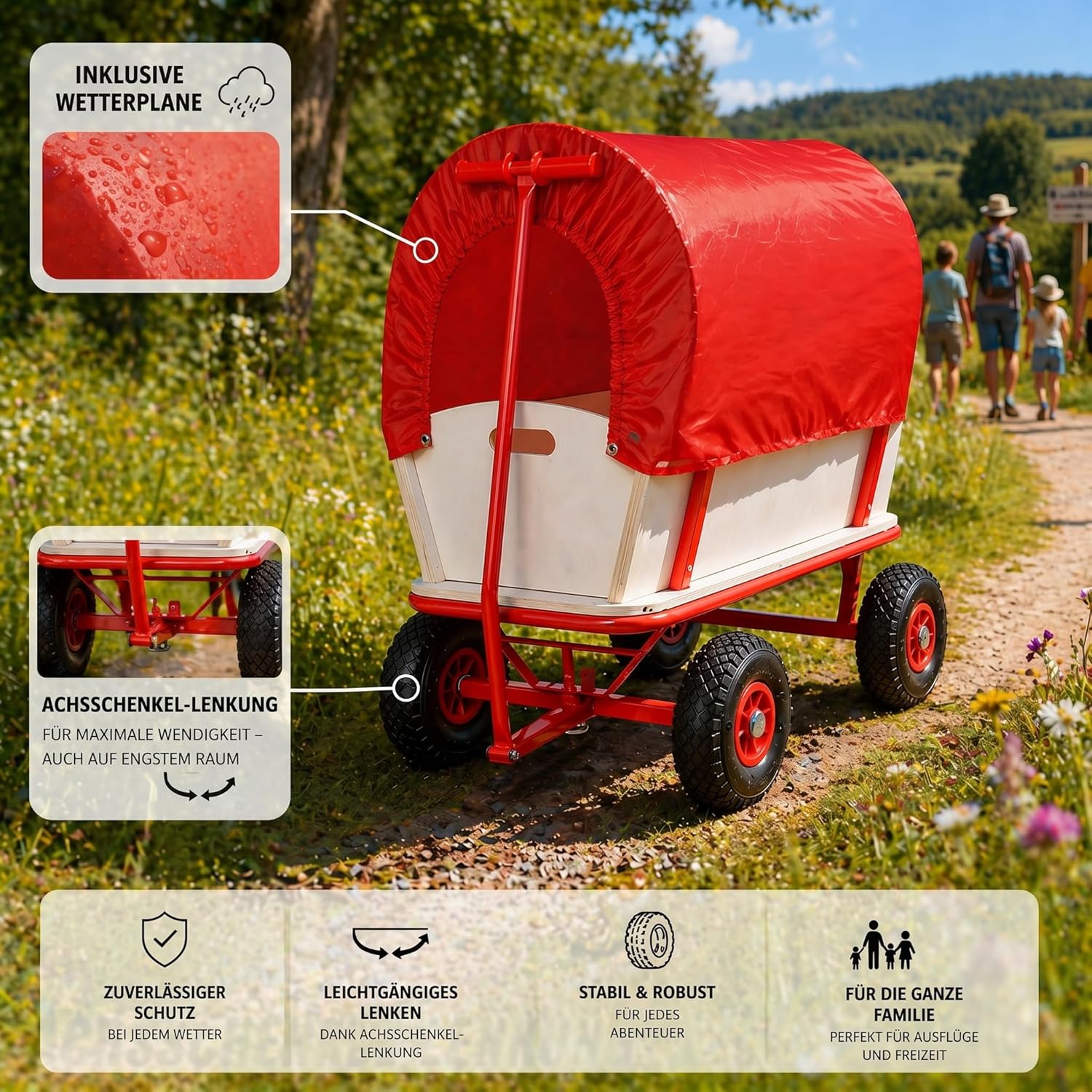 MONZANA® Bollerwagen Holz bis 180 kg mit Dach Luftreifen Stabil Robust Stahl Allround Handwagen Gartenwagen Strandwagen Leiterwagen Transportwagen Rot — Ansicht 4