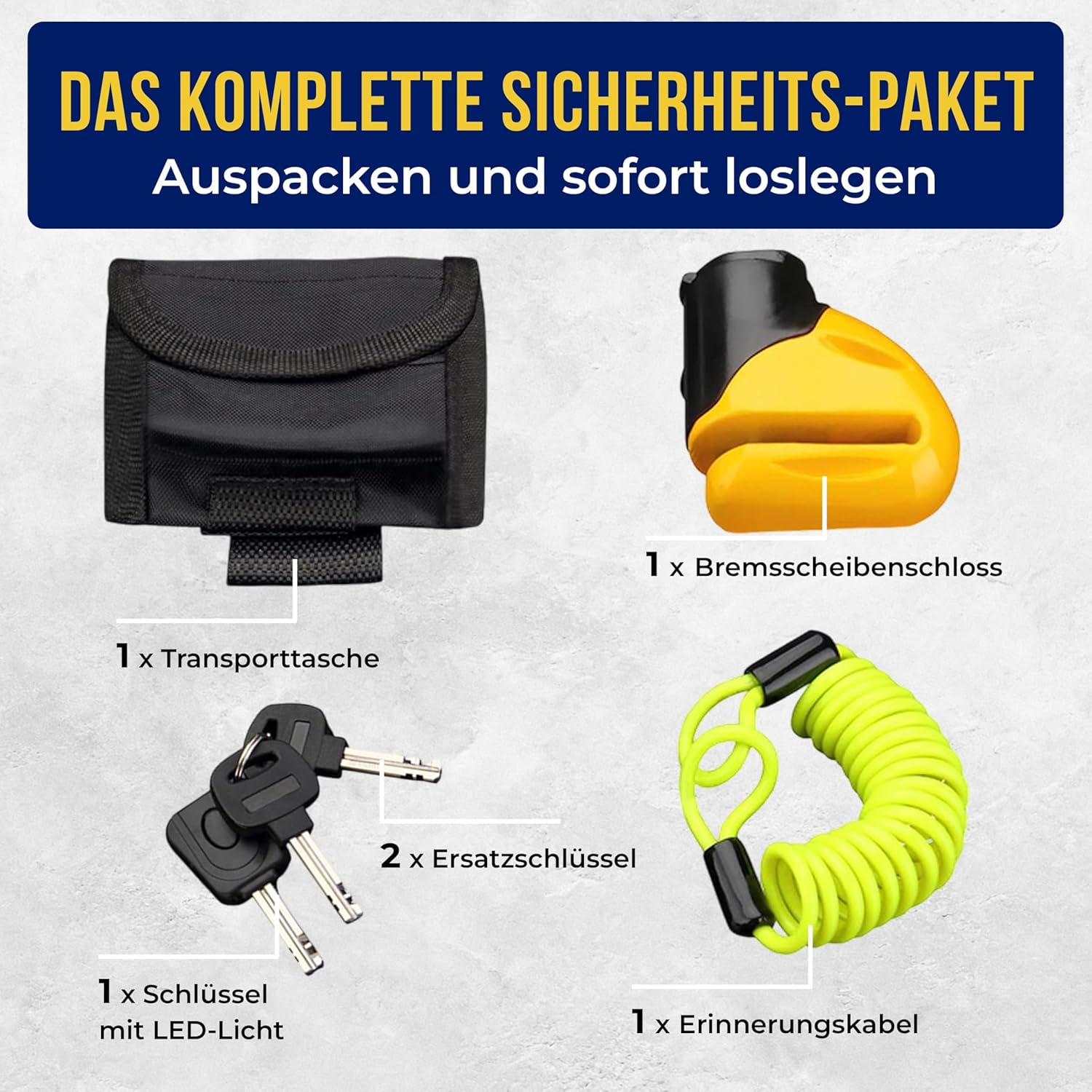 MONZANA® Bremsscheibenschloss Set mit Erinnerungskabel 3 Schlüssel mit LED Scheibenschloss Fahrradschloss Motorradschloss — Ansicht 3