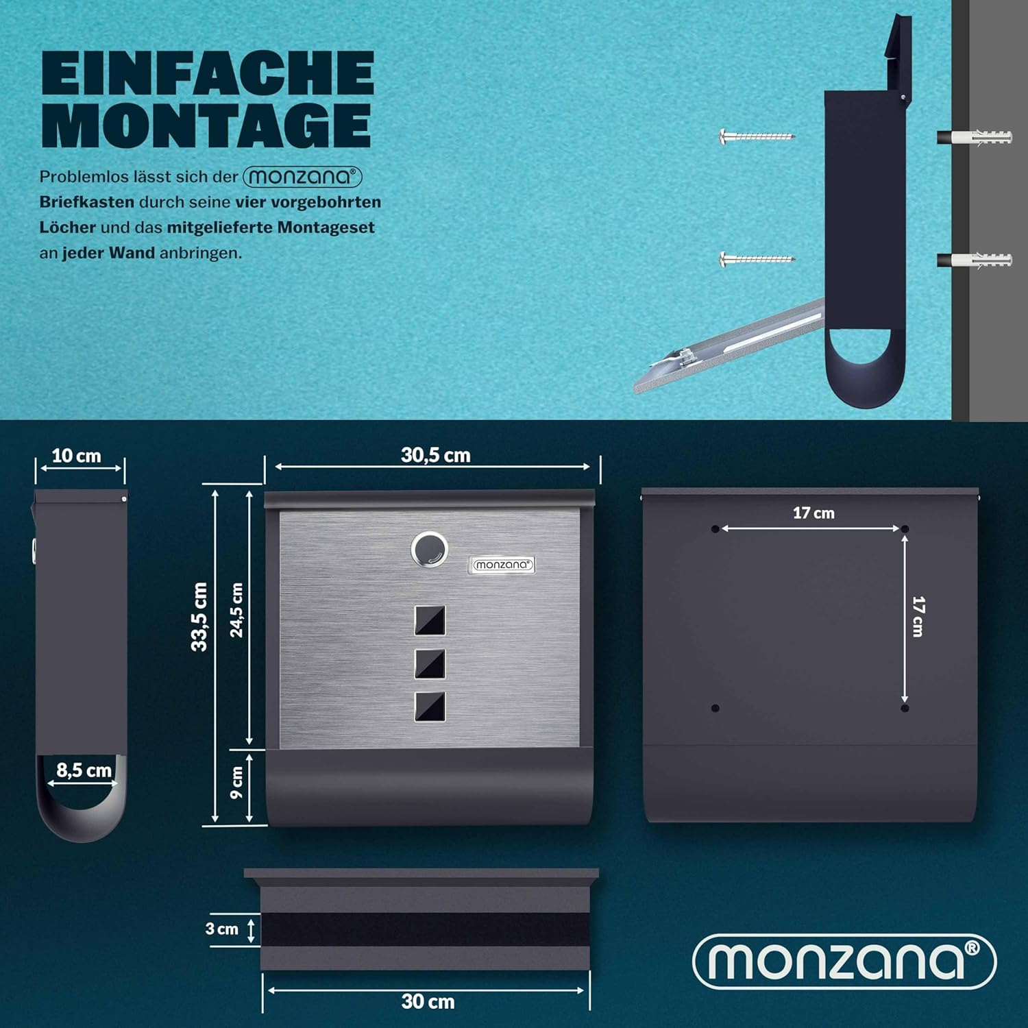 MONZANA® Briefkasten Kreuzschloss mit Kupfer-Schließzylinder drehbare Abdeckung 31x10x34 cm Sichtfenster Namensschild Zeitungsfach legierter Stahl 2 Schlüssel Postkasten Schwarz-Silber — Ansicht 4