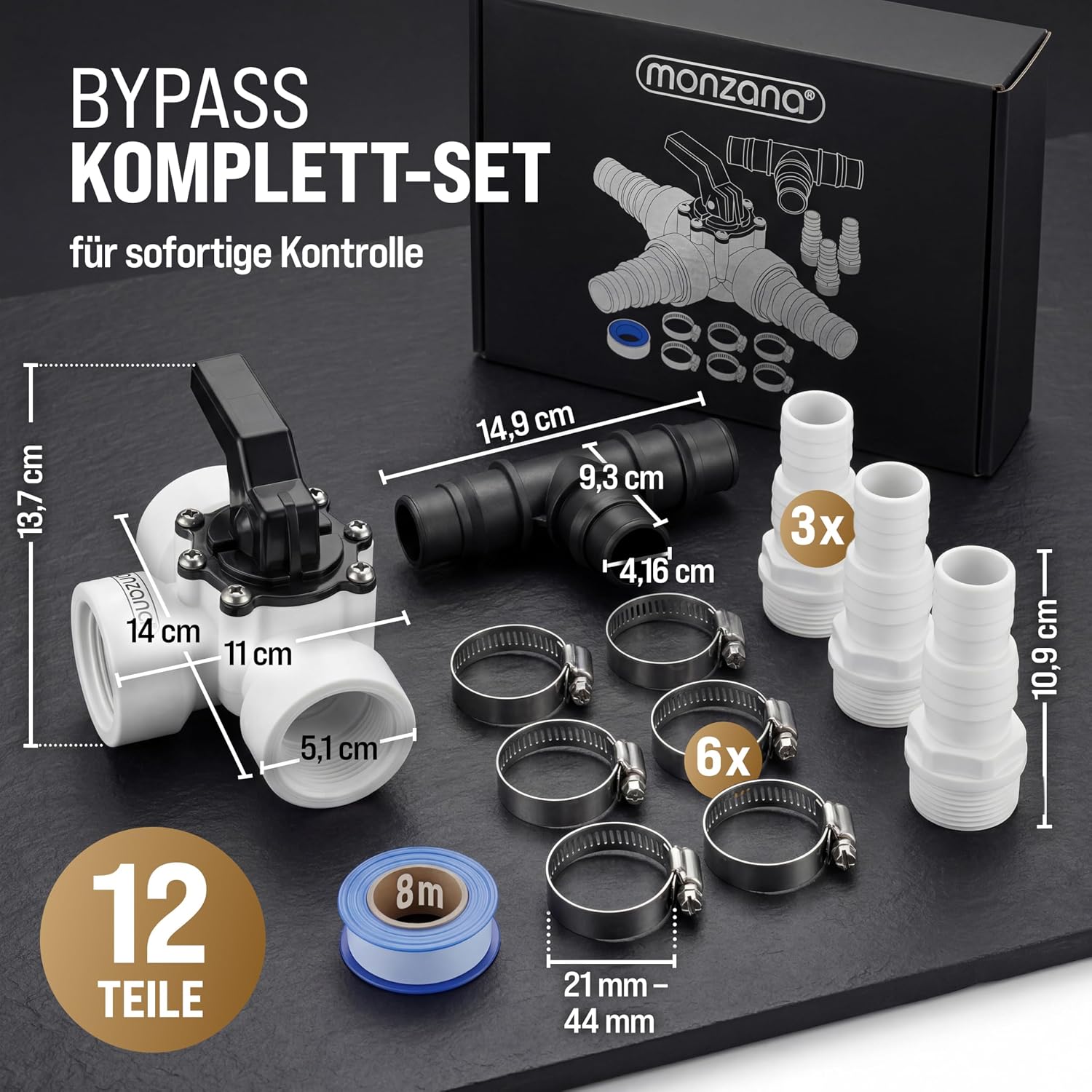 MONZANA® Bypass Set Pool 12-teilig 3 Wege Ventil Anschluss Ø 32/38mm Schlauchschellen Sandfilteranlagen Poolheizung Wärmepumpe Solarheizung — Ansicht 2