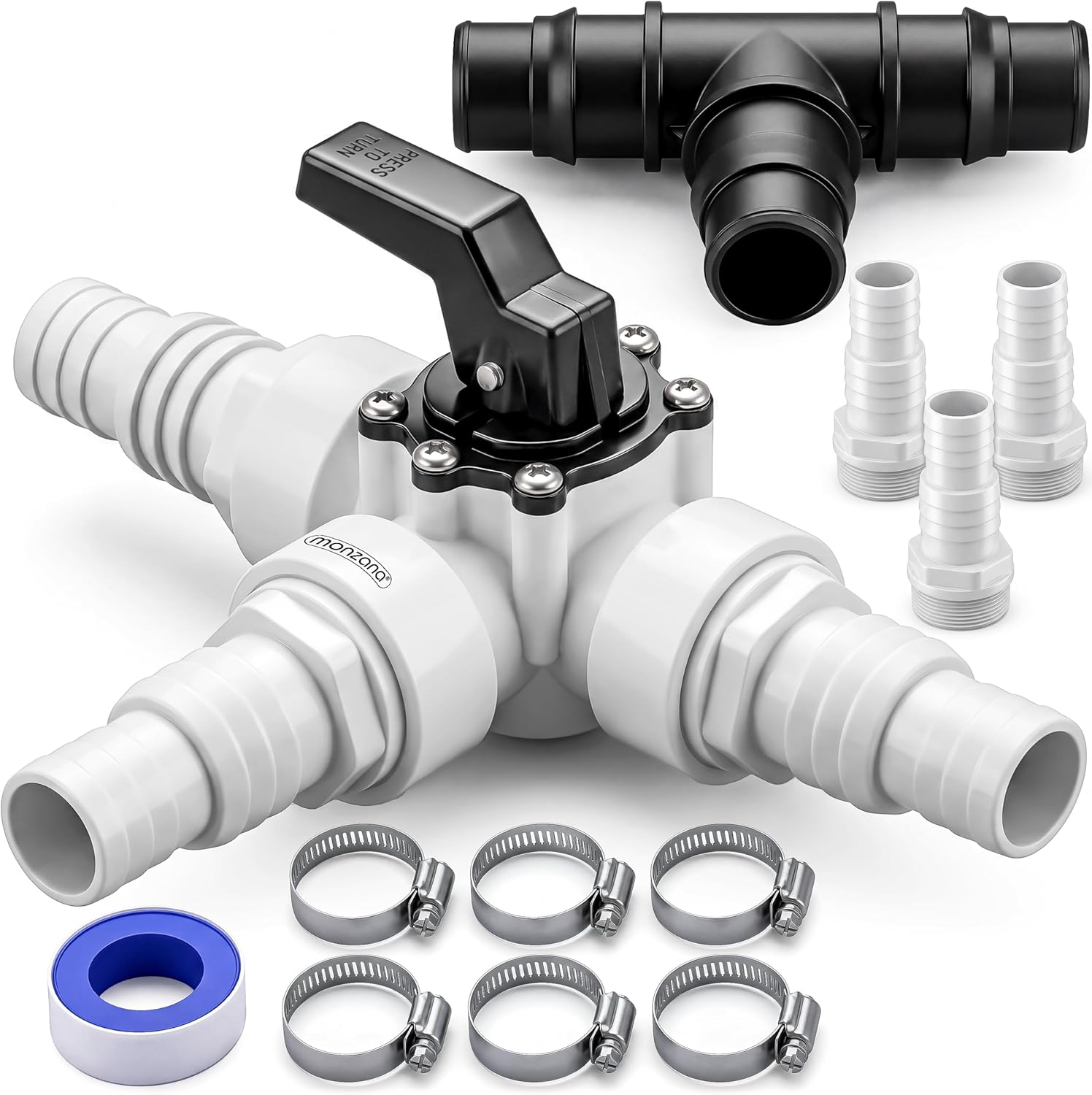 MONZANA® Bypass Set Pool 12-teilig 3 Wege Ventil Anschluss Ø 32/38mm Schlauchschellen Sandfilteranlagen Poolheizung Wärmepumpe Solarheizung