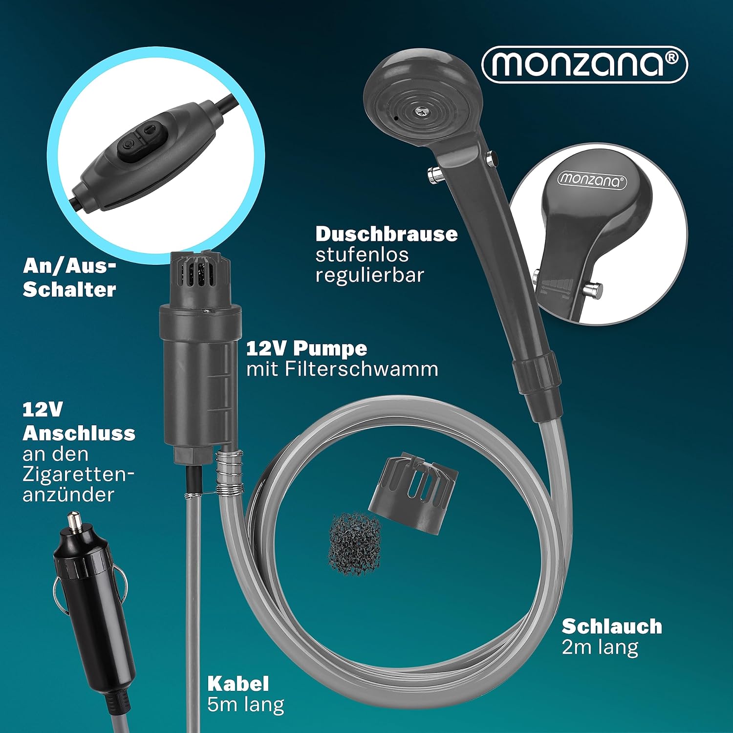 Monzana® Campingdusche tragbar mit Pumpe 12V KFZ-Adapter Aufbewahrungstasche 2m Schlauch 5m Stromkabel Auto Hundedusche Gartendusche Dusche — Ansicht 3