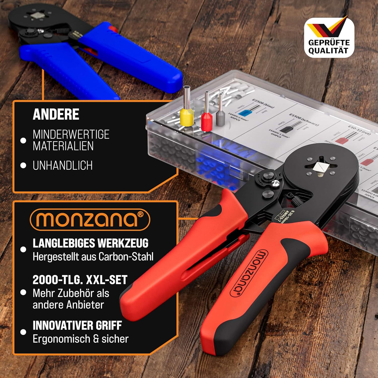 MONZANA® Crimpzange 0,25-10mm2 2000 Aderendhülsen Set elektrische Steckverbinder Aufbewahrungstasche Elektriker Werkzeug Zange Presszange Kabelschuhe — Ansicht 6