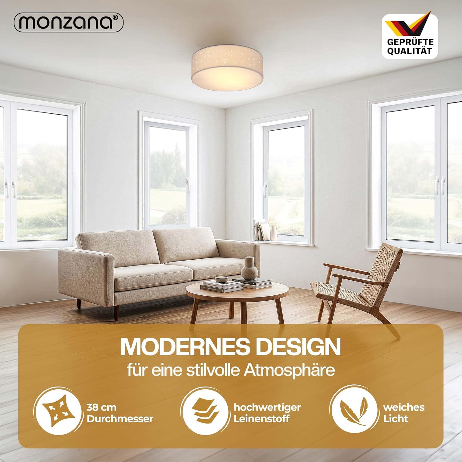 Monzana® Deckenlampe Sternenhimmel Wohnzimmer Schlafzimmer E27 Weiß Rund 38cm Stoffschirm 2-Flammig 40W Küche Lampe Deckenleuchte Stoffdeckenlampe — Ansicht 2