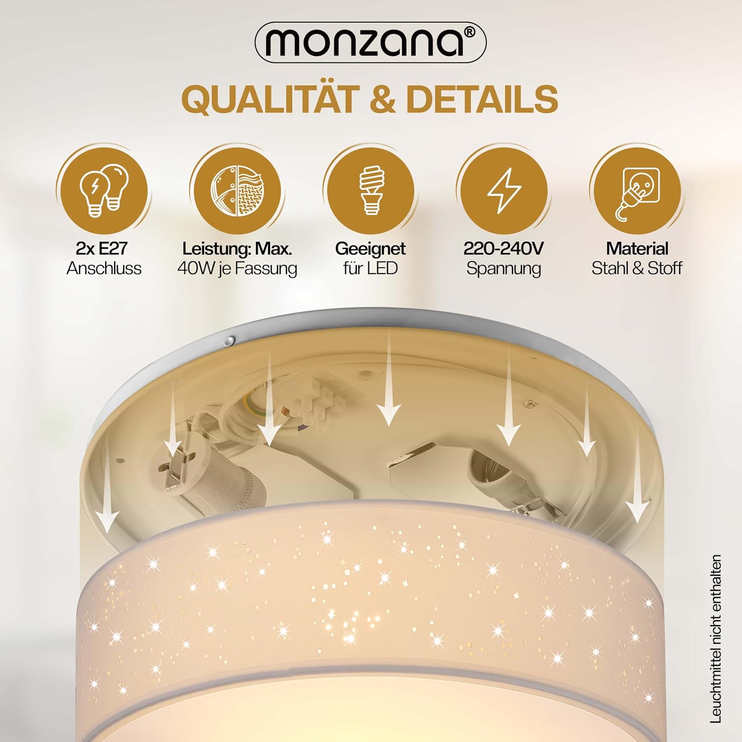 Monzana® Deckenlampe Sternenhimmel Wohnzimmer Schlafzimmer E27 Weiß Rund 38cm Stoffschirm 2-Flammig 40W Küche Lampe Deckenleuchte Stoffdeckenlampe — Ansicht 6