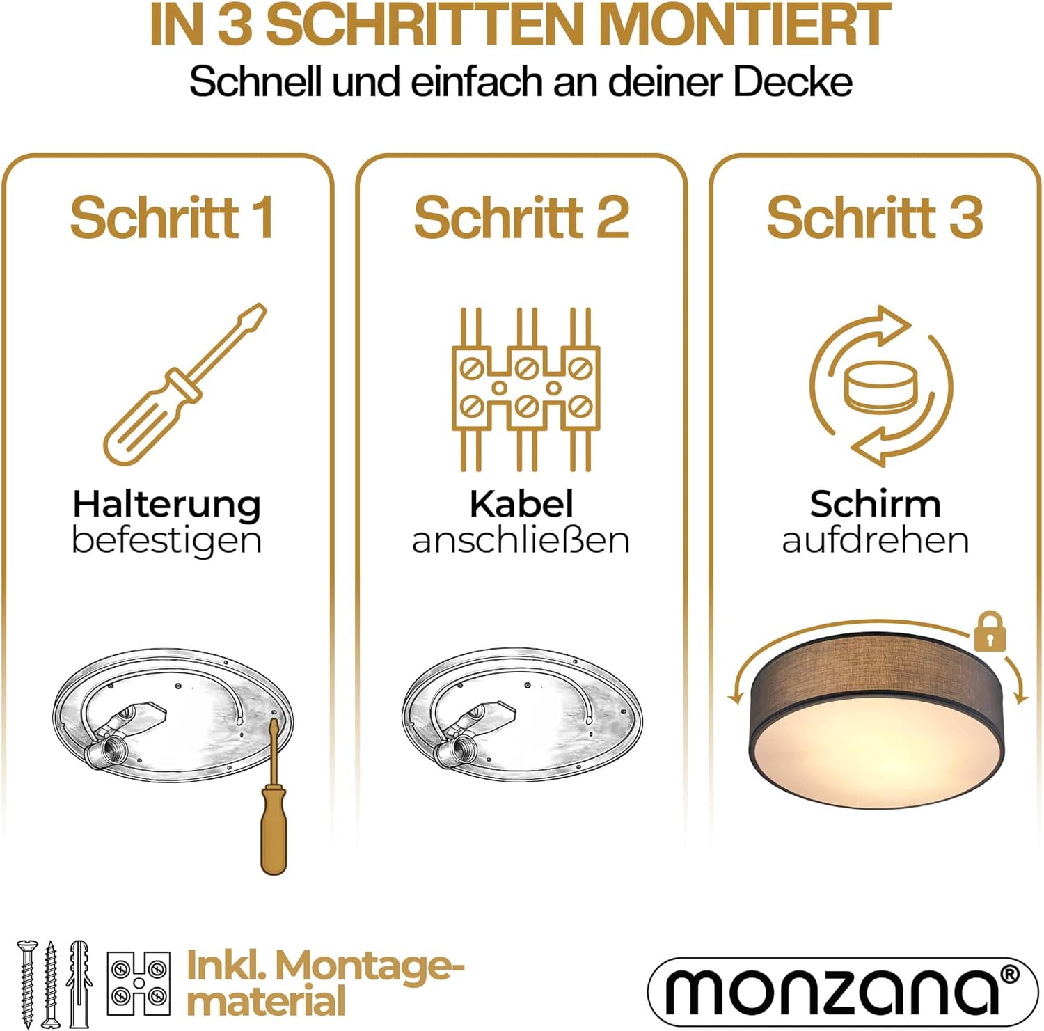 Monzana® Deckenlampe Stoff Wohnzimmer Schlafzimmer E27 Grau 30cm Rund 1-Flammig 40W Lampe Flur Küche Deckenstrahler Deckenleuchte Stoffdeckenlampe — Ansicht 3
