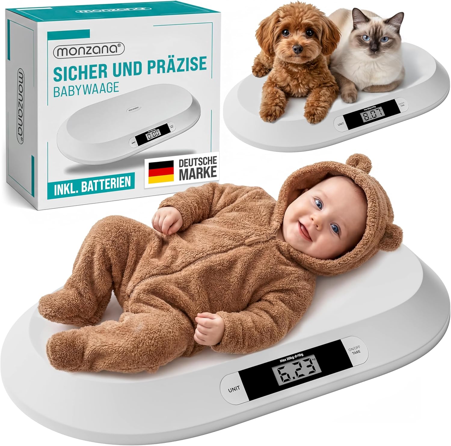 MONZANA® Digitale Babywaage bis 20 kg Säuglingswaage mit Tara-Funktion - Große Liegefläche LCD-Display Stillwaage Holdfunktion Hunde & Katzen Kleintiere