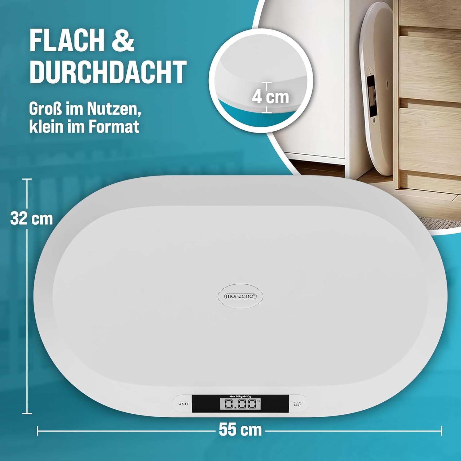 MONZANA® Digitale Babywaage bis 20 kg Säuglingswaage mit Tara-Funktion - Große Liegefläche LCD-Display Stillwaage Holdfunktion Hunde & Katzen Kleintiere — Ansicht 4