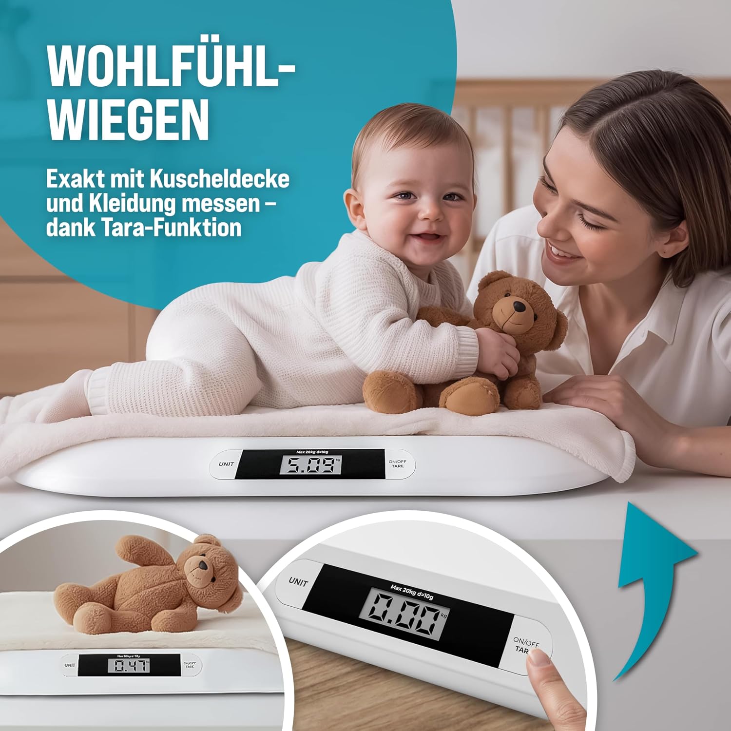 MONZANA® Digitale Babywaage bis 20 kg Säuglingswaage mit Tara-Funktion - Große Liegefläche LCD-Display Stillwaage Holdfunktion Hunde & Katzen Kleintiere — Ansicht 5