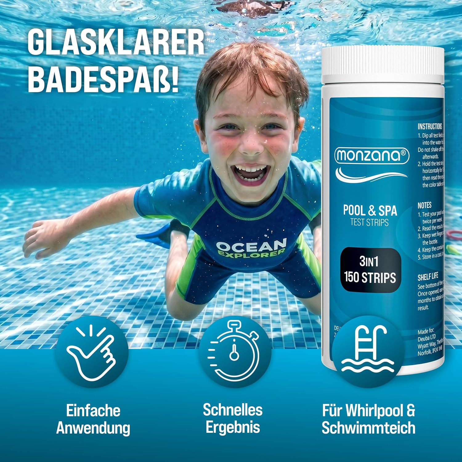 MONZANA® Dosierschwimmer Pool für 20-200g Tabletten inklusive 150 3in1 Teststreifen Klein Groß UV- Resistent Chlor Schwimmer Dosierer mit Thermometer — Ansicht 3